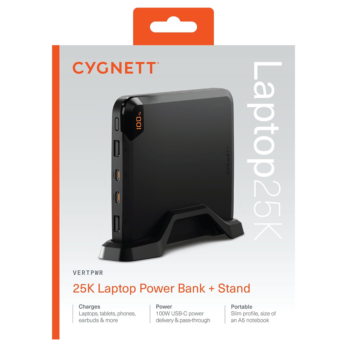Banco de energía y soporte para portátil Cygnett negro. Muestra el 100% de carga. Cuenta con carga rápida y portabilidad, tamaño A5.