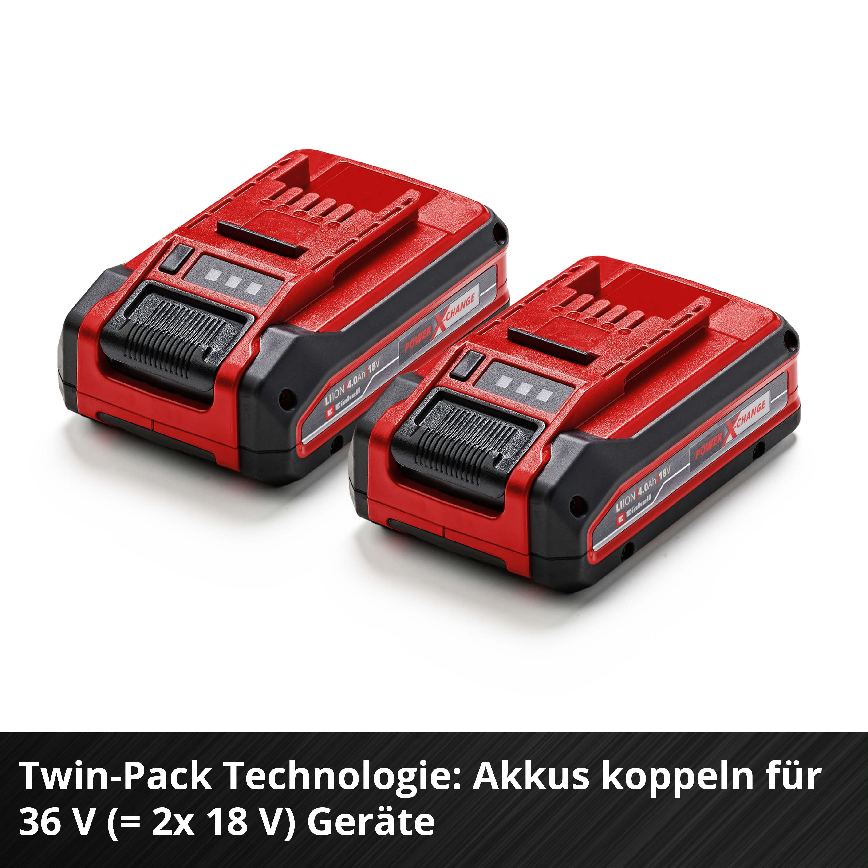 Due batterie rosse e nere. Ognuna ha un'etichetta e un indicatore di alimentazione. Il testo in basso recita 'Twin-Pack Technologie'.
