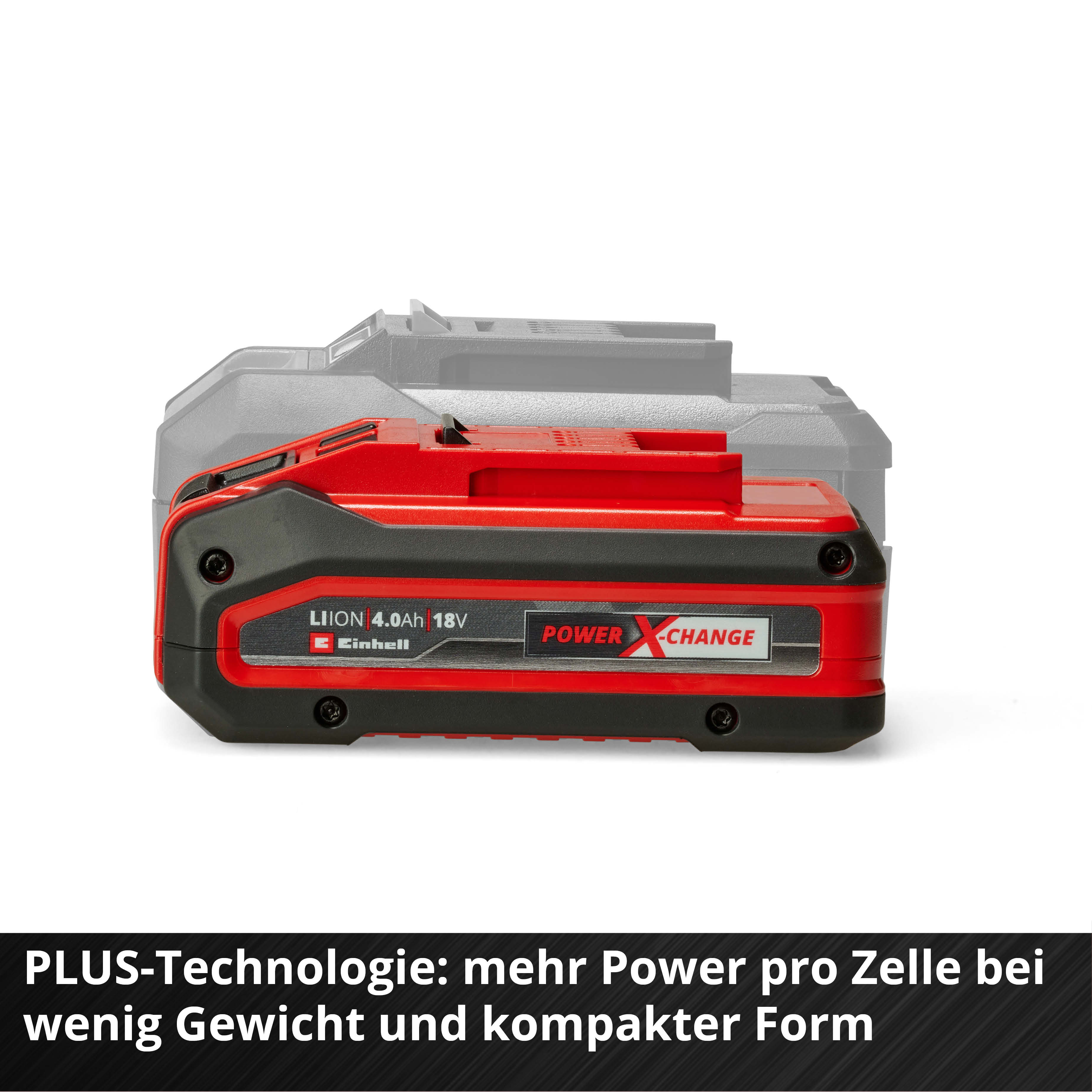 Batteria rossa e nera con testo. Un contorno grigio della batteria dietro. Testo in basso.