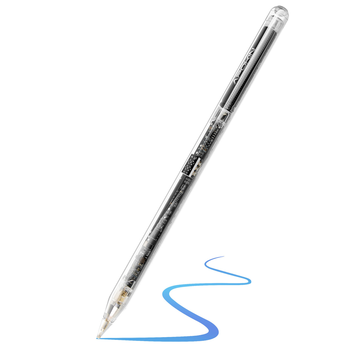 Una penna trasparente con inchiostro nero, che disegna una linea blu su bianco. La penna ha componenti interni visibili. Lo sfondo è bianco.