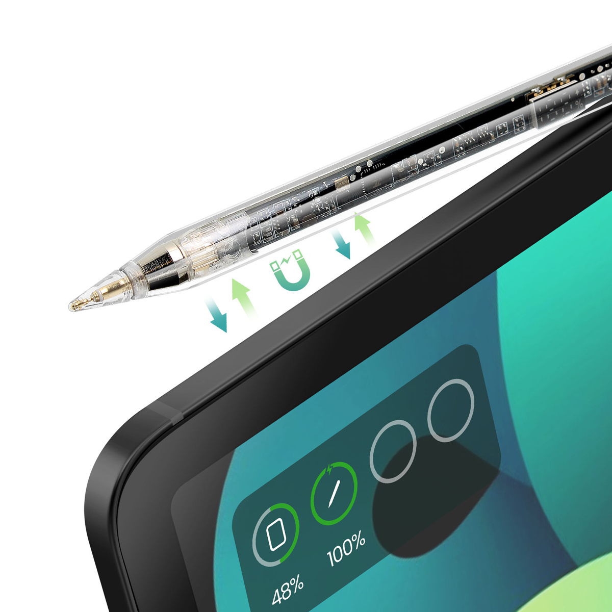 Una penna trasparente fluttua sopra uno schermo tablet che mostra la durata della batteria. Le frecce indicano la connessione magnetica. La ricarica è al 100%.
