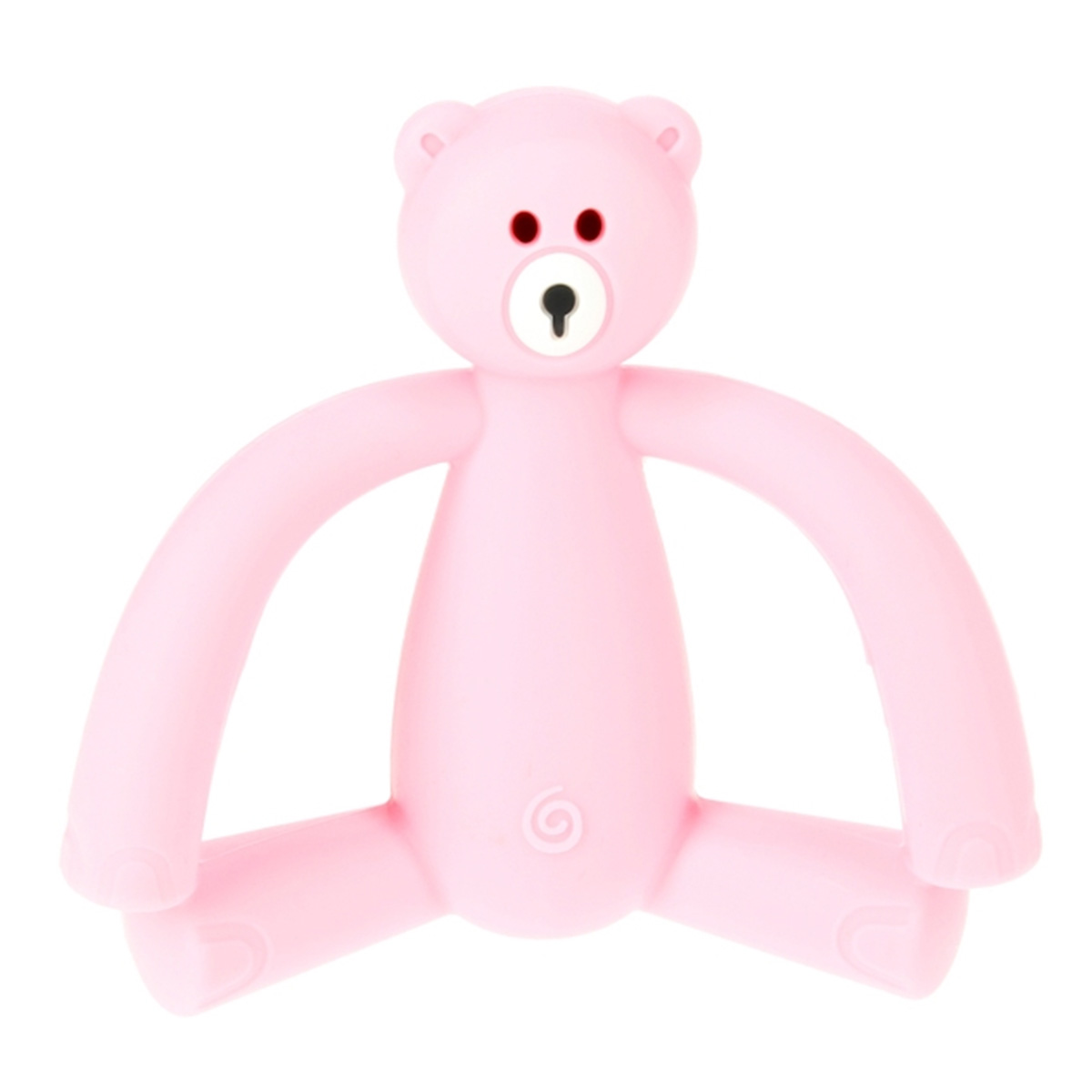 Ein rosa bärenförmiges Spielzeug mit langen Armen und Beinen auf weißem Hintergrund. Es hat rote Augen, eine schwarze Nase und einen weißen Mund.