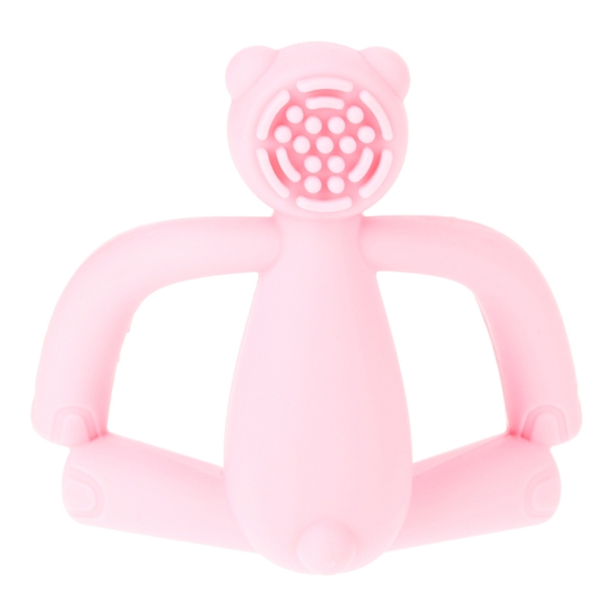 Ein rosafarbener, bärenförmiger Beißring für Babys. Er hat Arme und Beine, mit einer strukturierten Oberfläche im Gesicht.