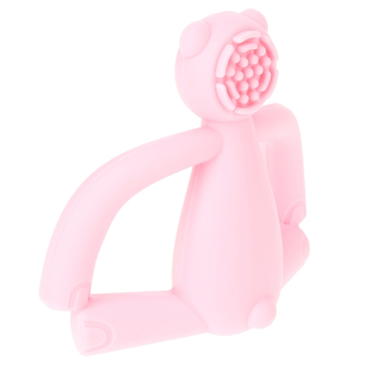 Ein rosa Baby-Beißring in Bärenform. Er hat einen strukturierten Mundbereich und Arme zum Greifen.