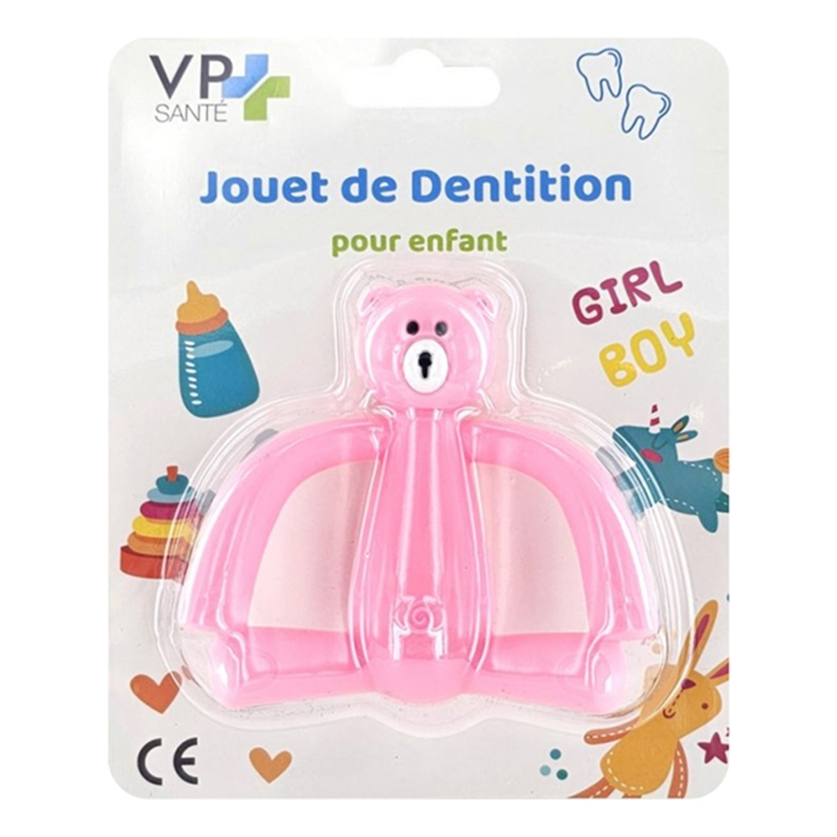 Rosa, bärenförmiger Beißring für Babys in einer Blisterpackung. Die Verpackung hat Illustrationen einer Flasche, eines Einhorns und Text: 'Girl', 'Boy'.