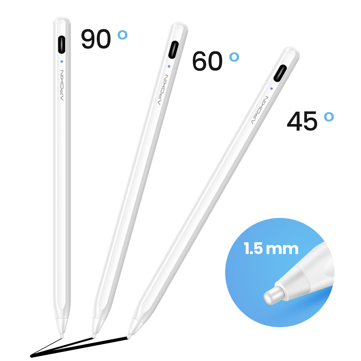 Tre stilo bianche a diverse angolazioni: 90, 60 e 45 gradi. Ogni stilo lascia una linea nera. Un dettaglio mostra una punta da 1,5 mm.