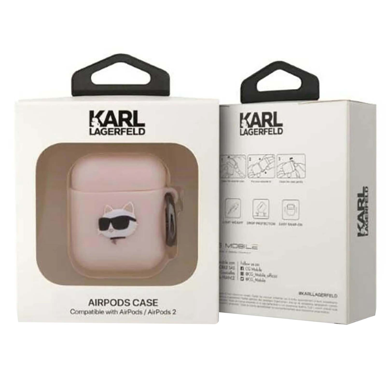 Dos cajas con la marca Karl Lagerfeld. Una contiene una funda para AirPods con un diseño de gato con gafas de sol.