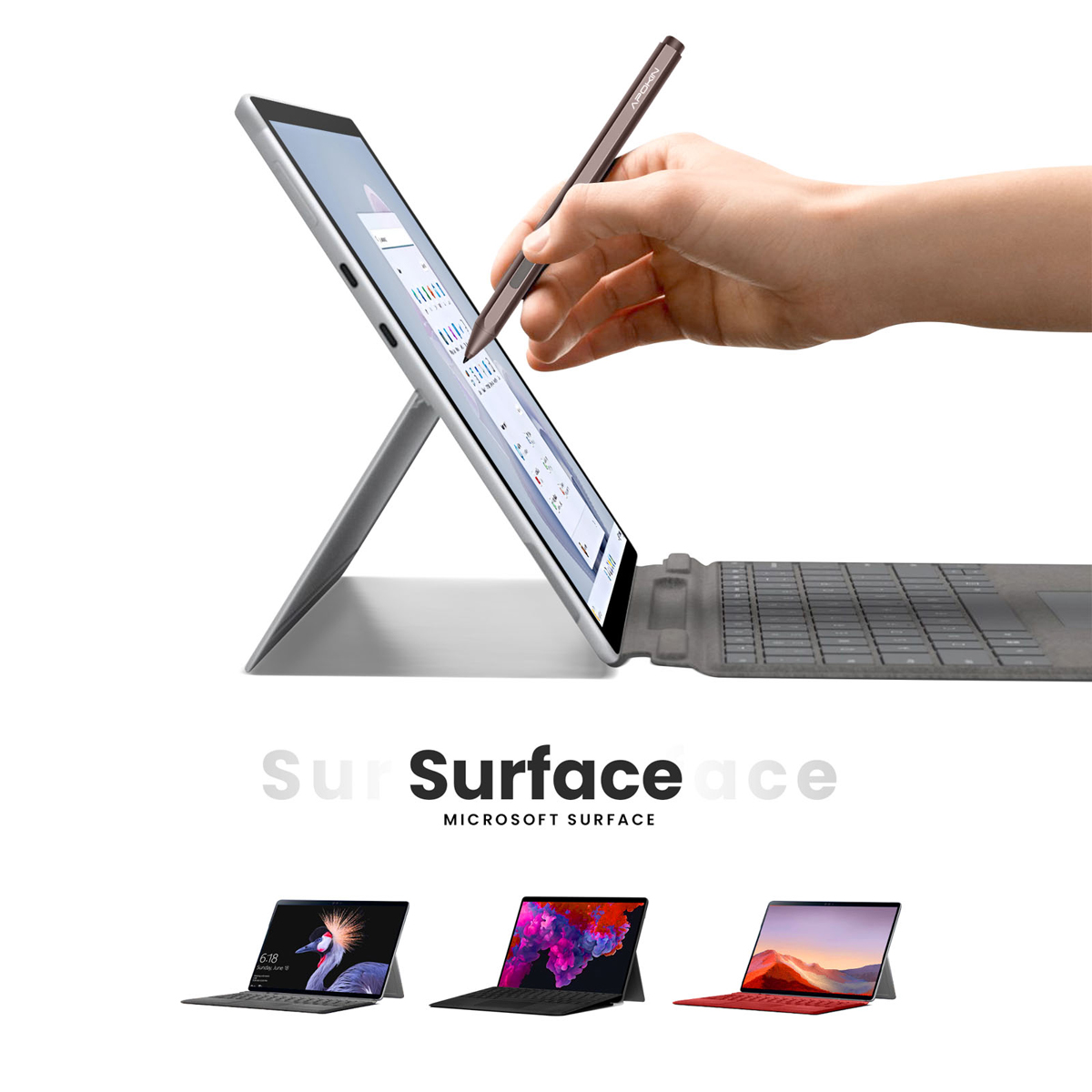 Una persona usa uno stilo per interagire con un tablet Microsoft Surface. Il tablet è aperto e c'è una tastiera collegata sotto.