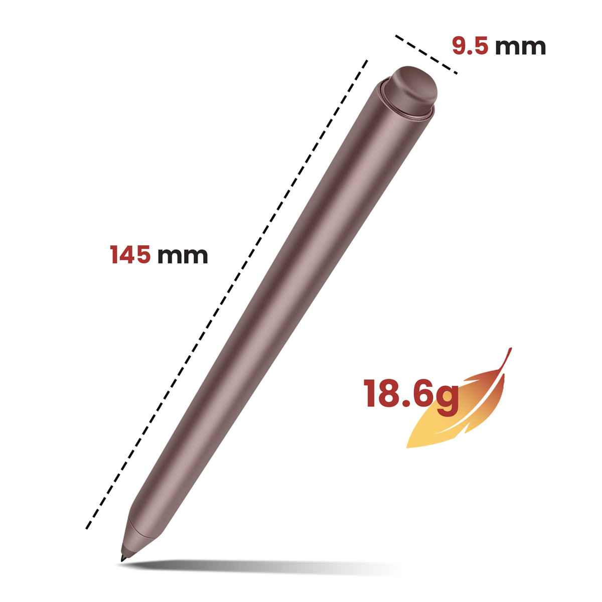 Una penna stilo bronzo con misure: 145 mm di lunghezza, 9,5 mm di diametro e 18,6 g di peso. Un'icona a forma di foglia è accanto al peso.