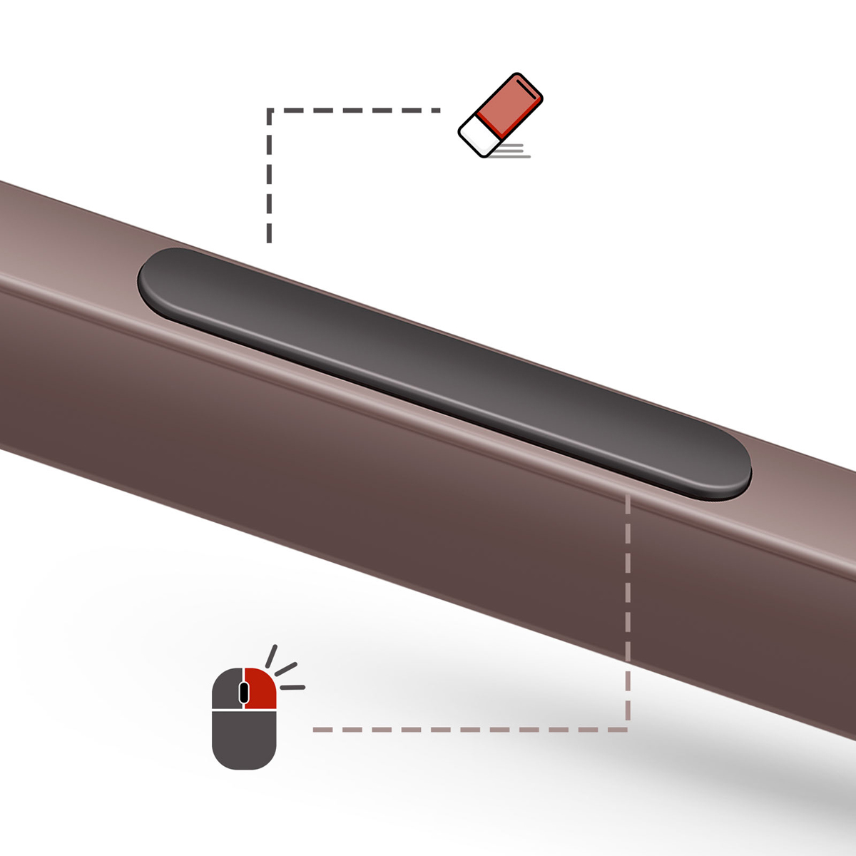 Una superficie marrone con una striscia nera. Una gomma e un'icona del mouse sono collegate da linee tratteggiate alla superficie.