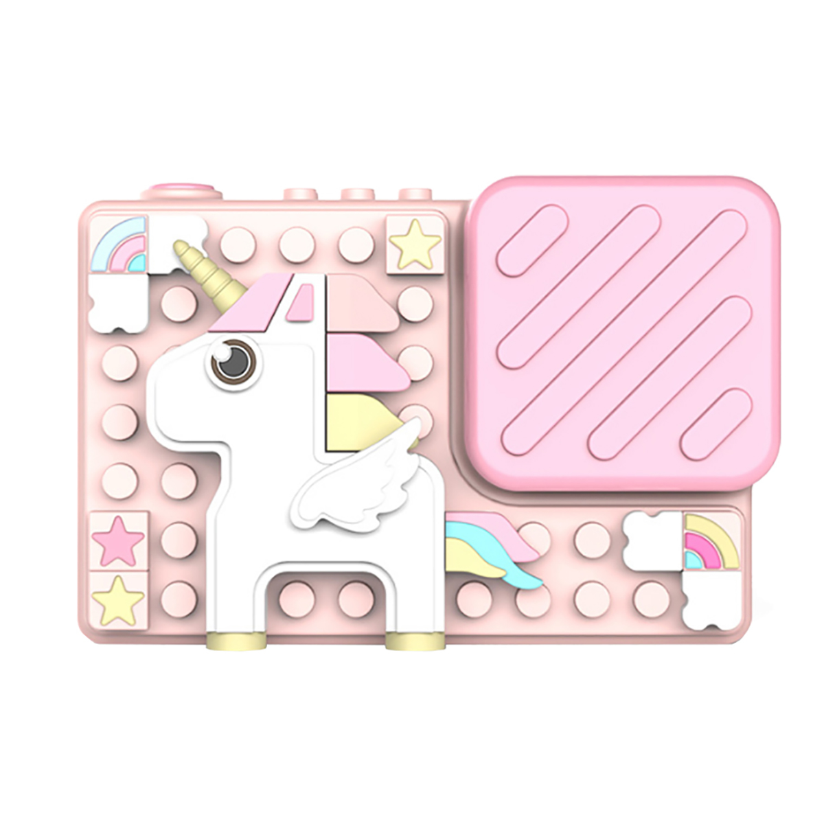 Un juego de juguetes rosa con un unicornio, estrellas, arcoíris y un bloque cuadrado. El unicornio tiene cuerno, alas y cola colorida.