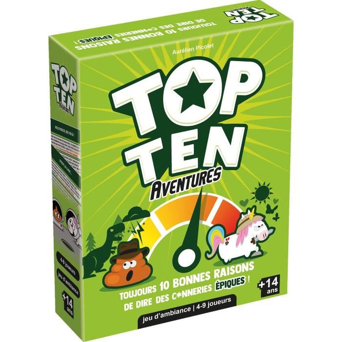 Eine grüne Box mit 'TOP TEN AVENTURES'. Illustrationen: Einhorn, Dinosaurier und Haufen. Text: '10 gute Gründe'.