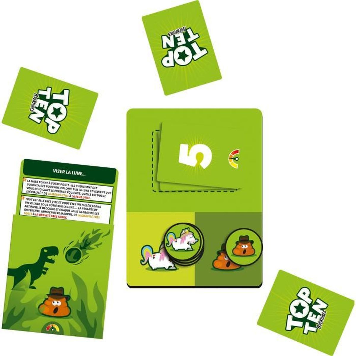 Grüne Karten mit Text und der Zahl 5. Einige Karten zeigen Illustrationen eines Dinosauriers, eines Einhorns und eines Kothaufens.