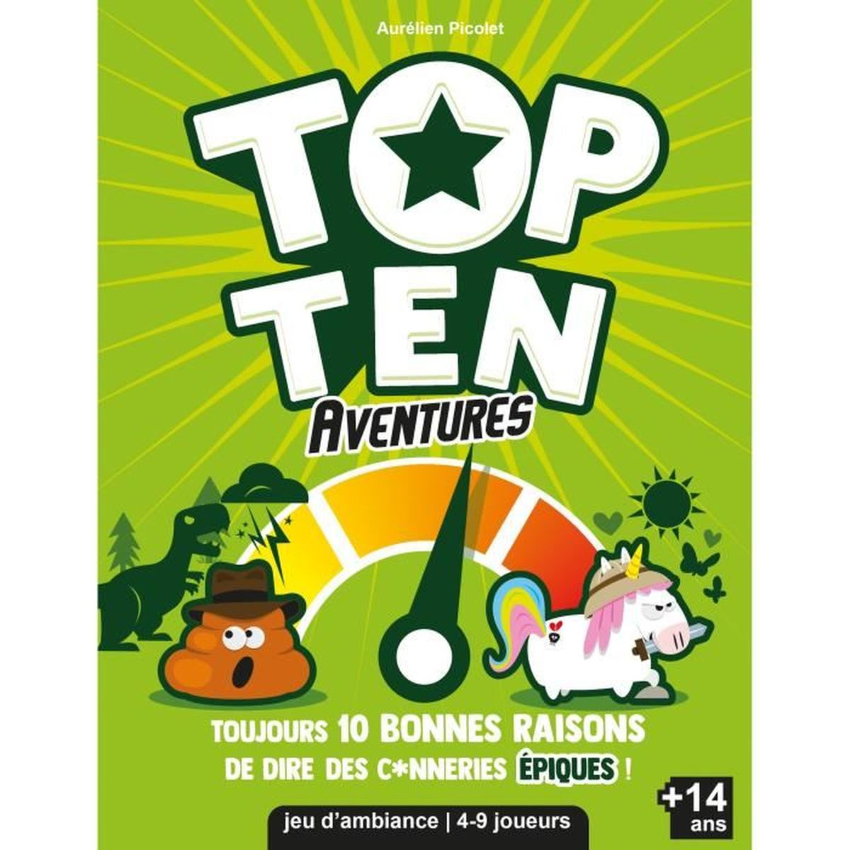 Ein Spielcover mit dem Titel 'TOP TEN AVENTURES', einem Tachometer und Cartoonfiguren wie einem Dinosaurier, einem Kothaufen und einem Einhorn.