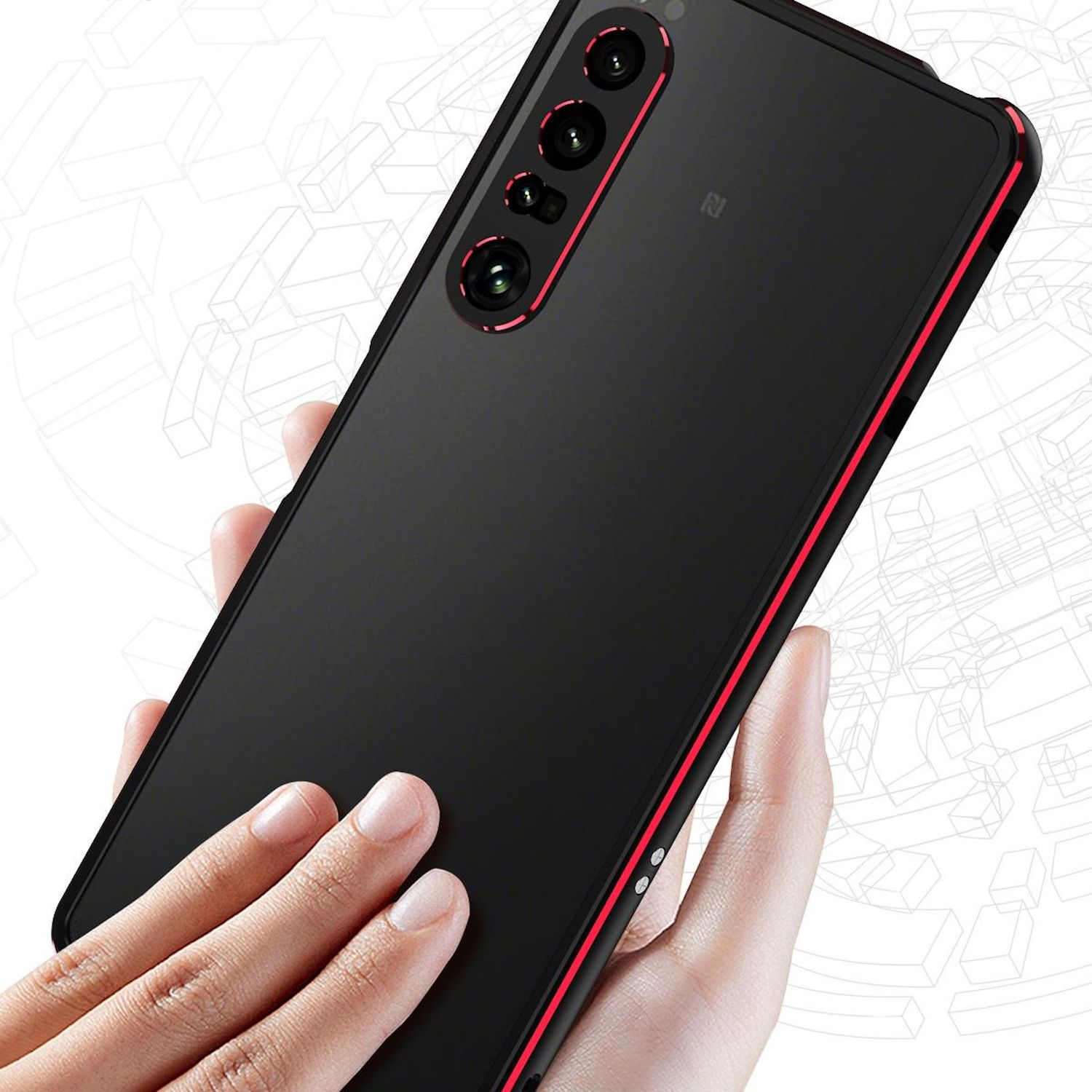 Un smartphone negro en la mano, con marco rojo y detalles de la cámara. El fondo presenta un contorno geométrico.