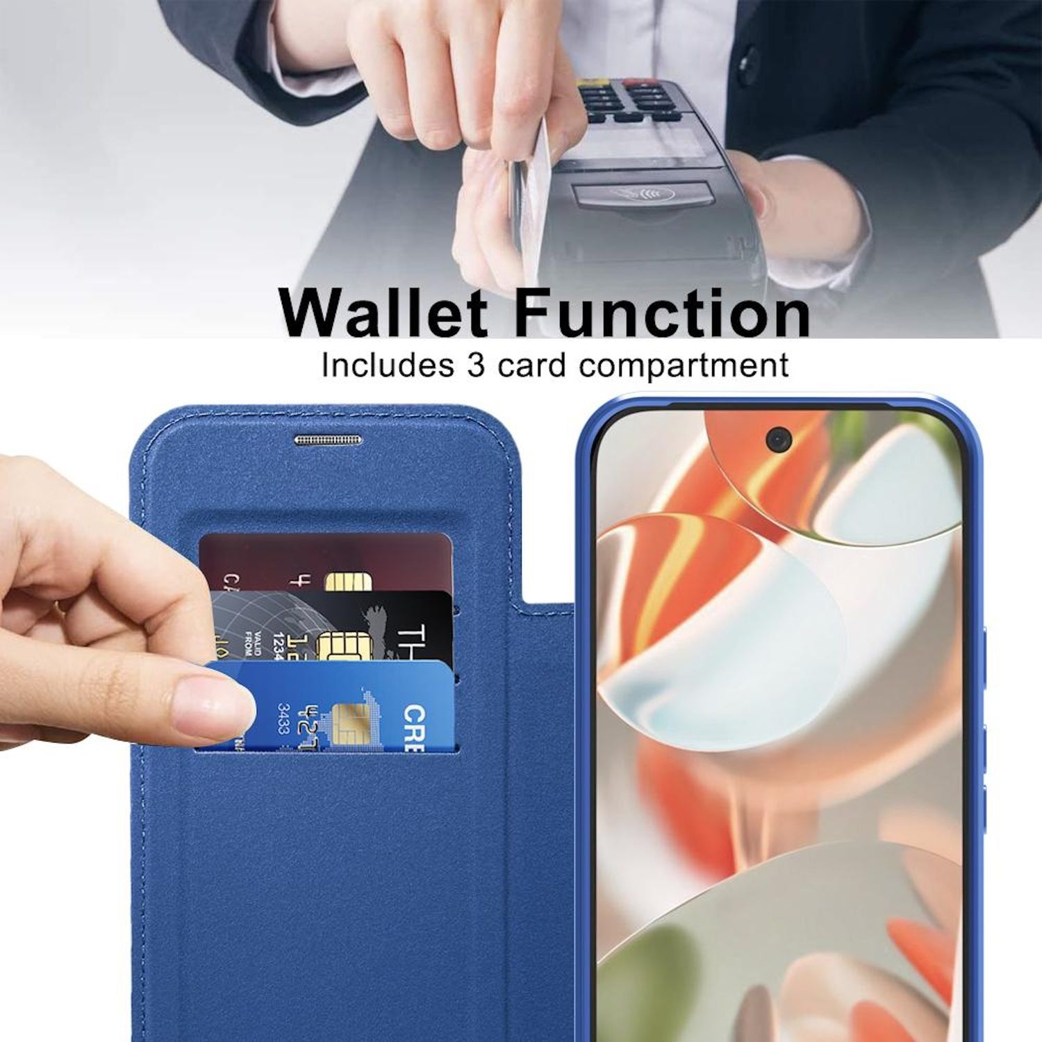 Eine Hand steckt eine Kreditkarte in eine blaue Geldbörsenhülle, mit Kartenfächern. Ein Telefon ist sichtbar. Text: Wallet Funktion Enthält 3 Kartenfächer.