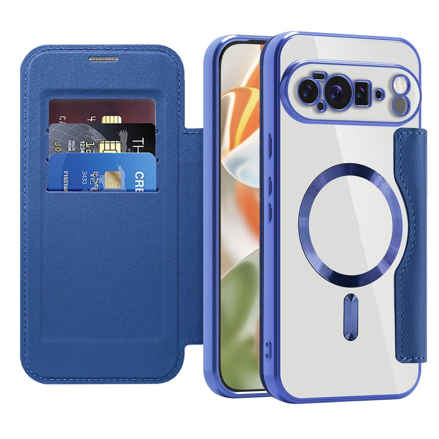 Eine blaue Handyhülle mit einem Portemonnaie. Kreditkarten sind im Portemonnaie sichtbar. Die Handyhülle ist klar mit blauem Rand.