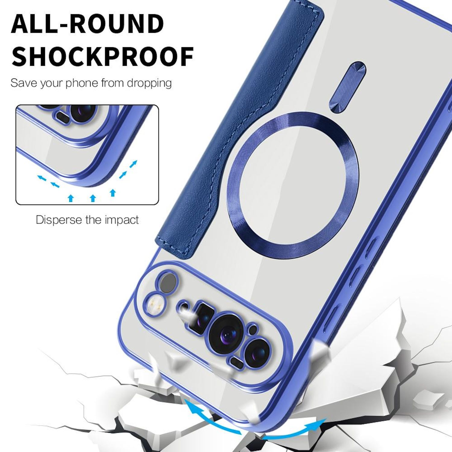 Eine Handyhülle mit blauen Rändern wird gezeigt. Die Hülle ist teilweise zerbrochen und der Hintergrund ist weiß. Der Text lautet 'ALL-ROUND SHOCKPROOF'.