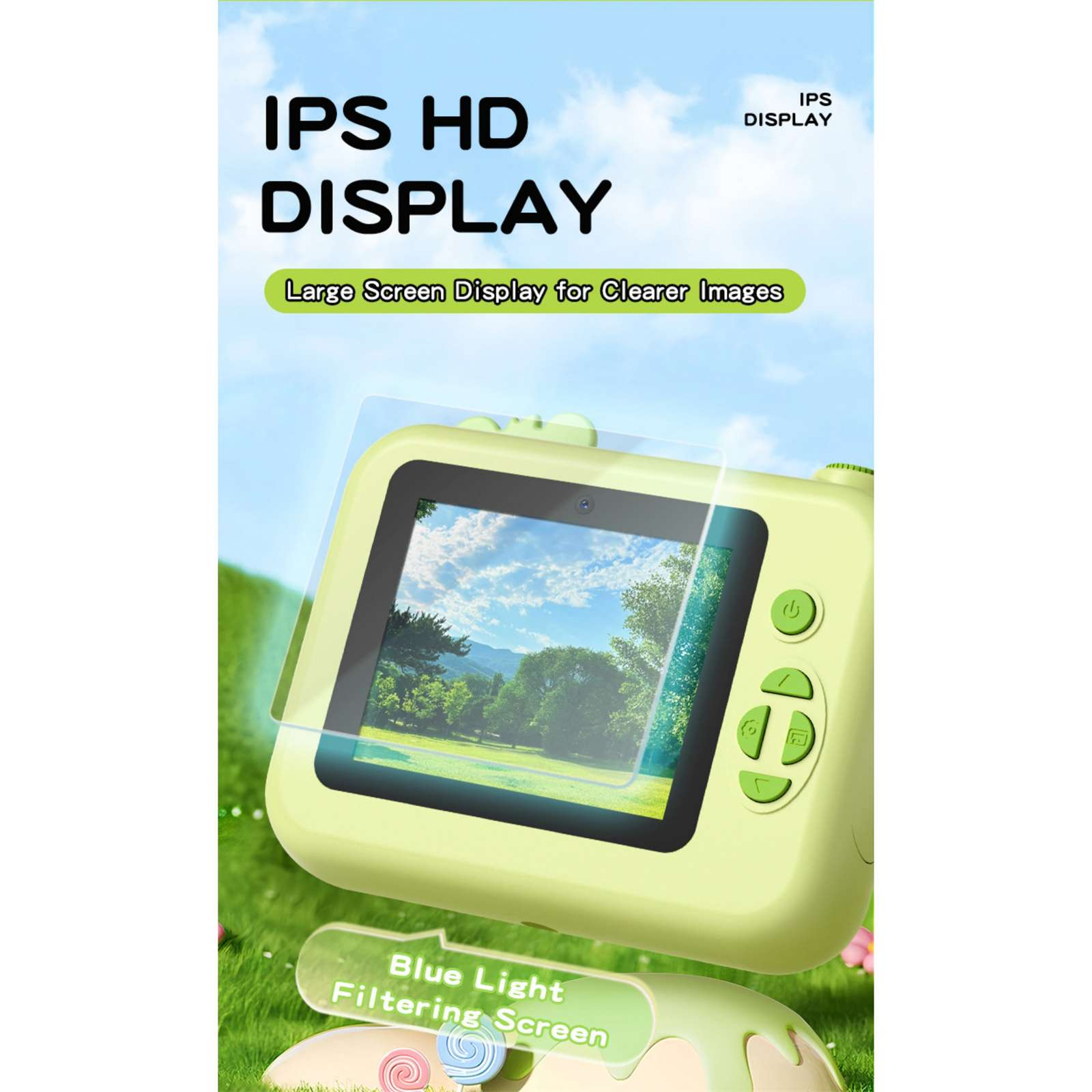 Eine grüne Kamera mit einem Bildschirm, der eine Landschaft zeigt, Text über IPS HD-Anzeige und Blaulichtfilterung.