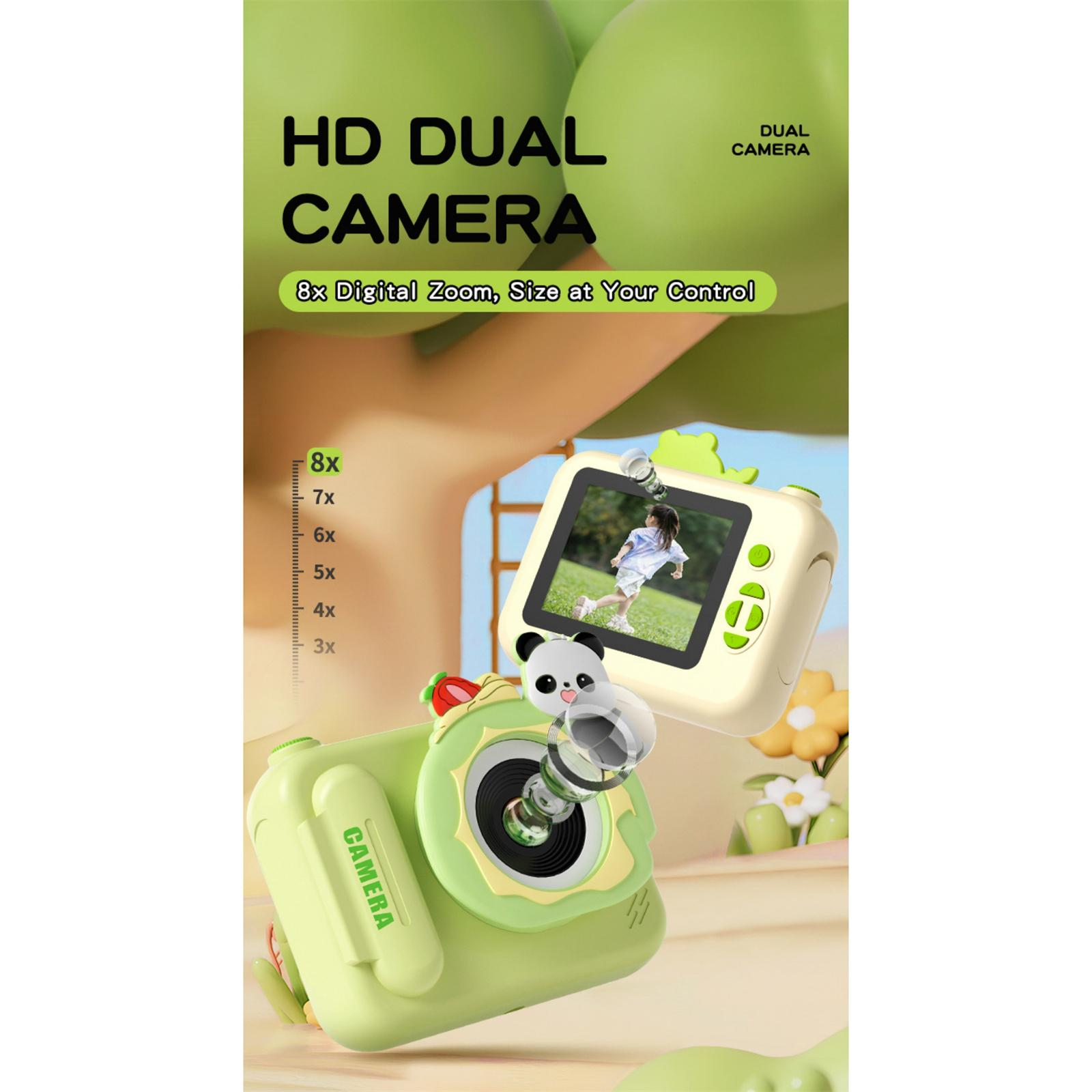Eine grüne und weiße HD-Dual-Kamera mit 8-fachem Digitalzoom. Zu den Merkmalen gehören ein Panda-Design und ein Bildschirm, der ein Kind zeigt.