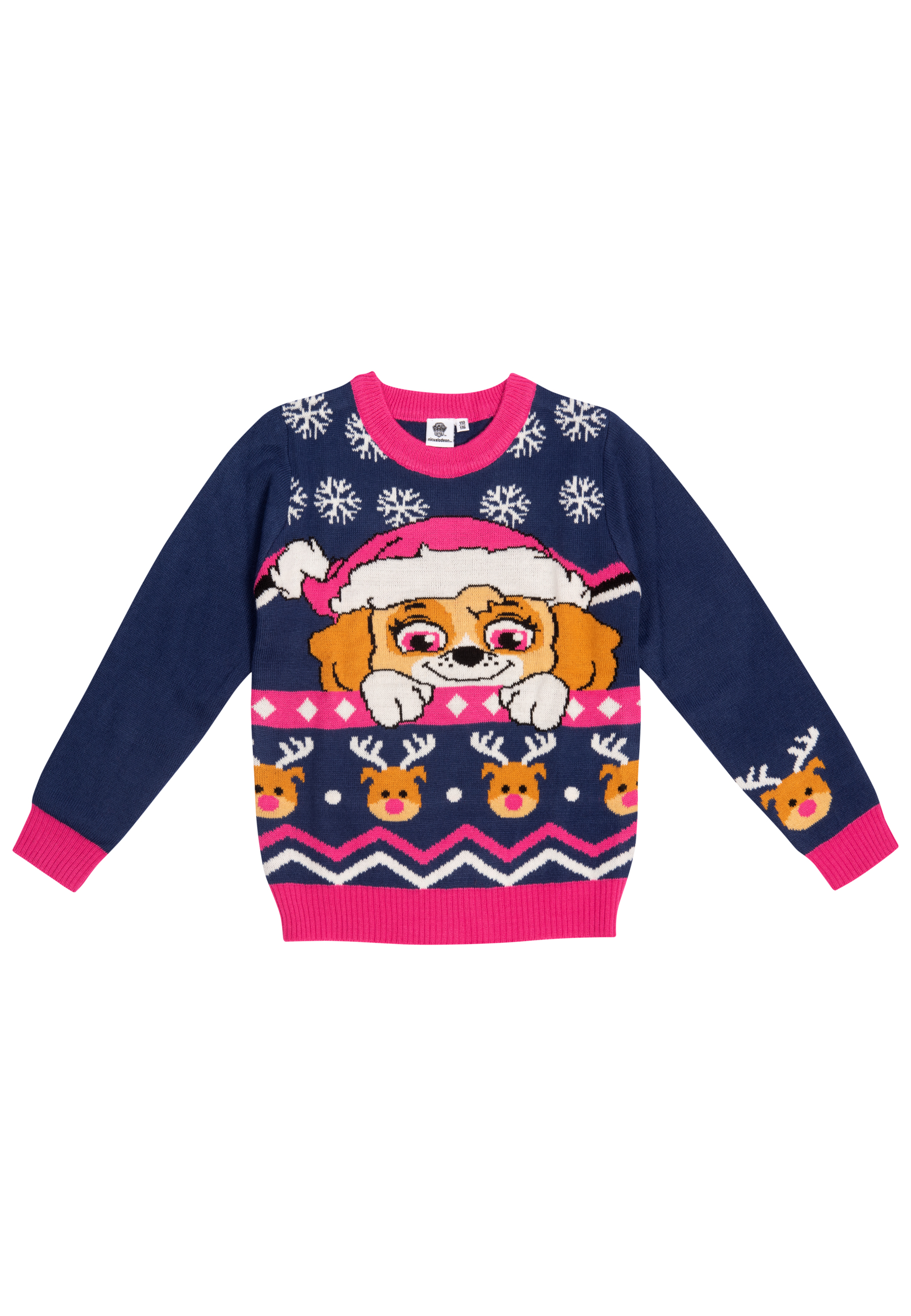Blauer Pullover mit Skye von Paw Patrol mit Weihnachtsmütze. Er hat Schneeflocken- und Rentier-Muster mit pinkfarbener Borte.