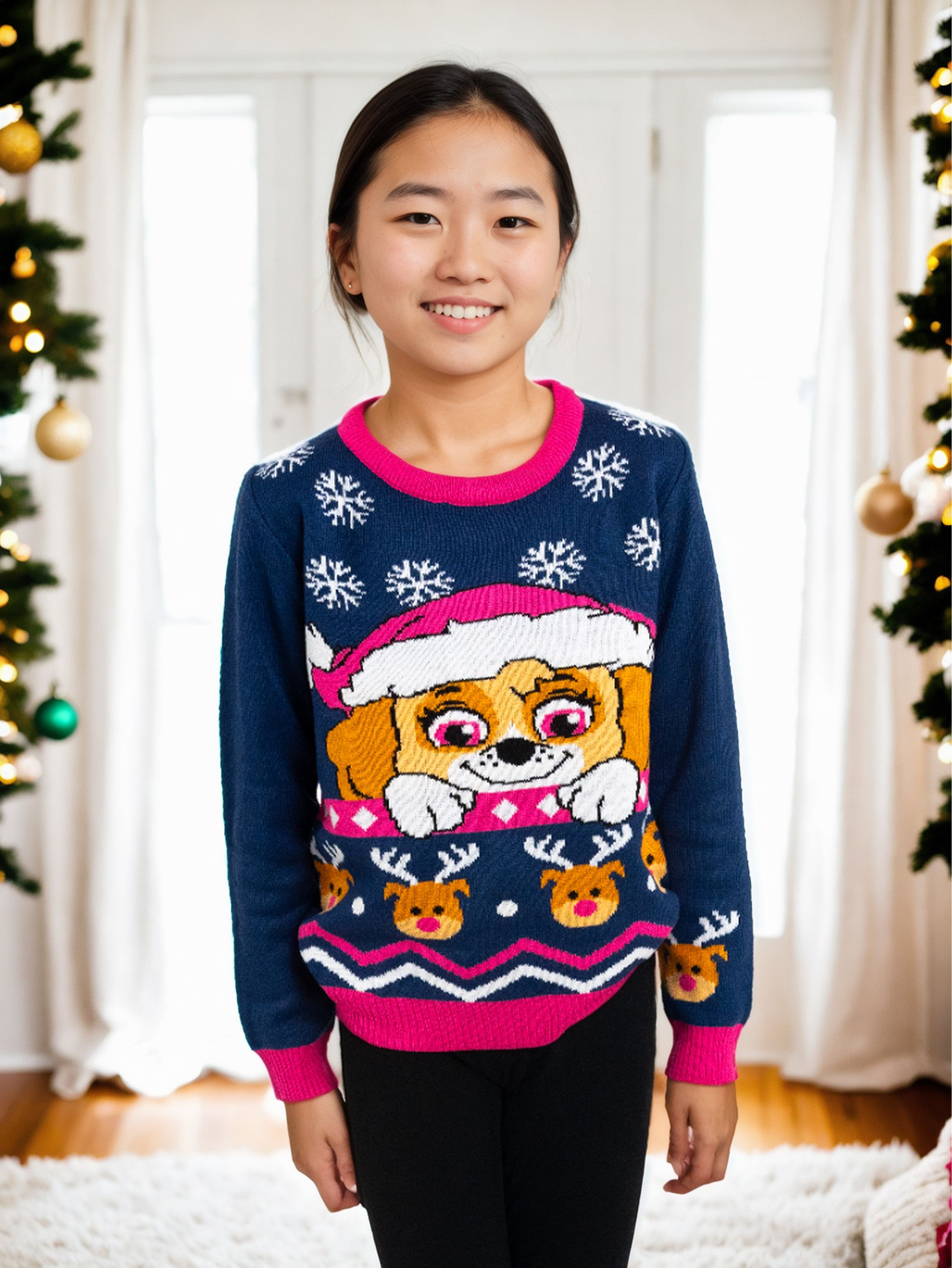Ein lächelndes Mädchen trägt einen blauen Pullover mit Hundedesign. Auf beiden Seiten befinden sich Weihnachtsbäume.