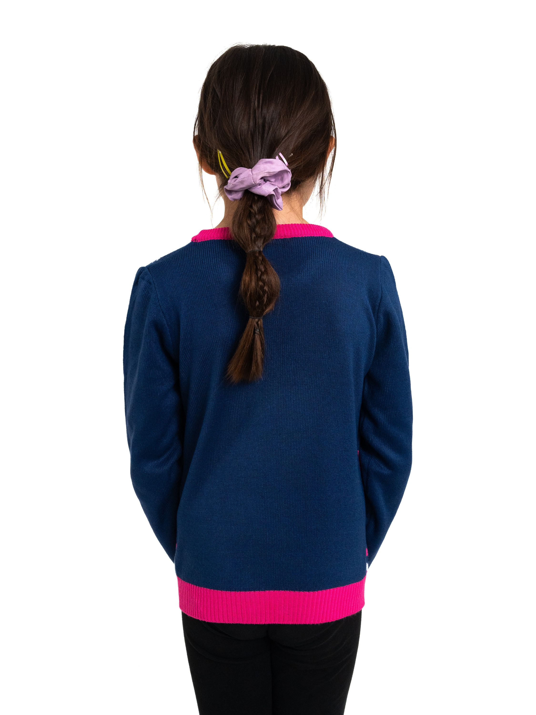 Mädchen von hinten, trägt einen blauen Pullover mit pinken Details und schwarze Hose. Ihr Haar ist geflochten mit lila Haargummi.