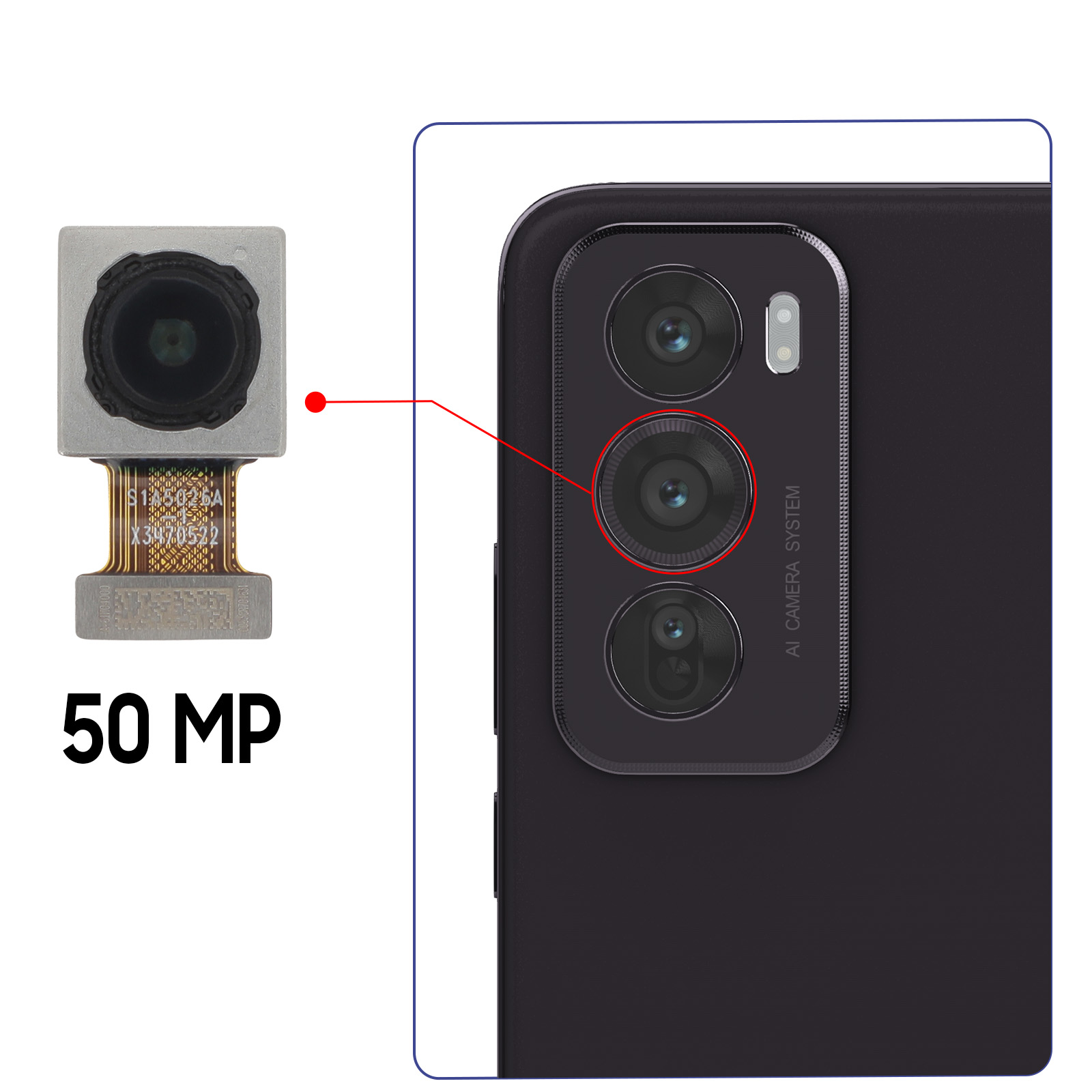 Ein Smartphone-Kameramodul und die Rückseite des Telefons. Das Modul ist mit einer roten Linie mit dem Telefon verbunden. 50MP ist geschrieben.