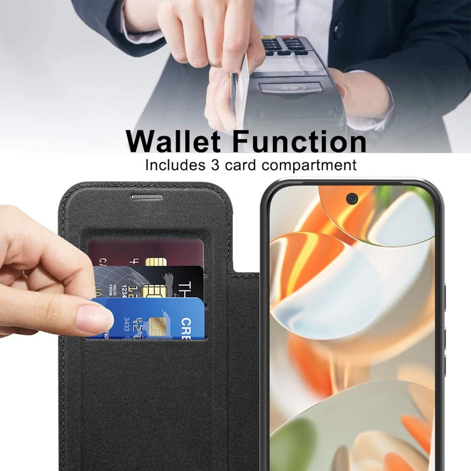 Eine Person benutzt ein Kartenlesegerät. Eine Handyhülle mit Kreditkarten in Schlitzen wird gezeigt. Text: 'Wallet Function - Includes 3 card compartment'.