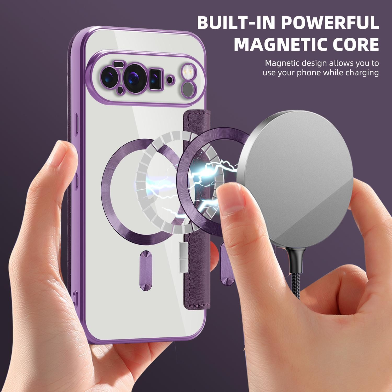 Ein Telefon in einer lila Hülle wird gehalten. Ein kabelloses Ladegerät wird in der Nähe gehalten, mit einem magnetischen Kerndesign.