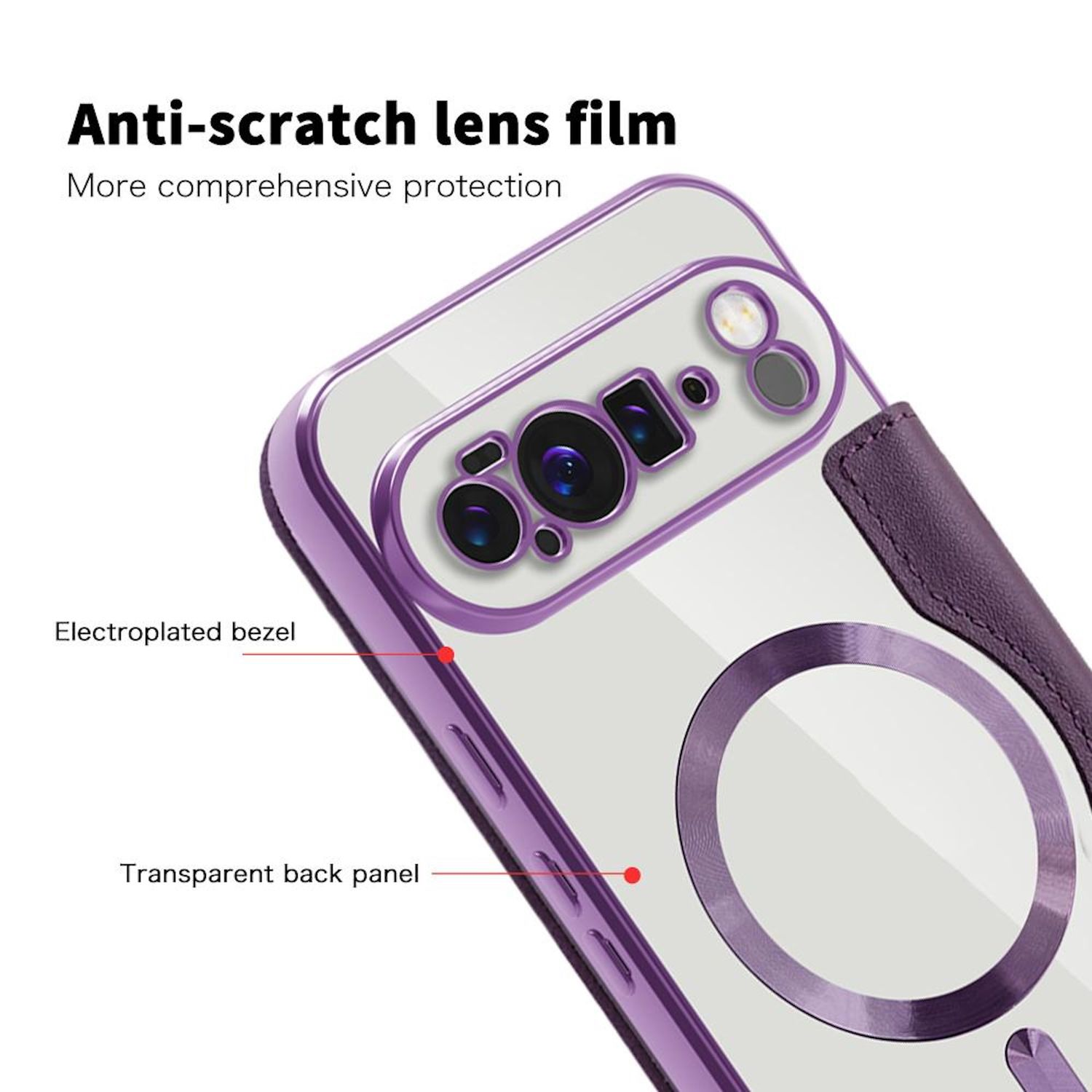 Eine transparente Handyhülle mit lila Akzenten. Zu den Merkmalen gehören Kameraschutz und eine transparente Rückseite. Die Hülle hat einen Magnetring.