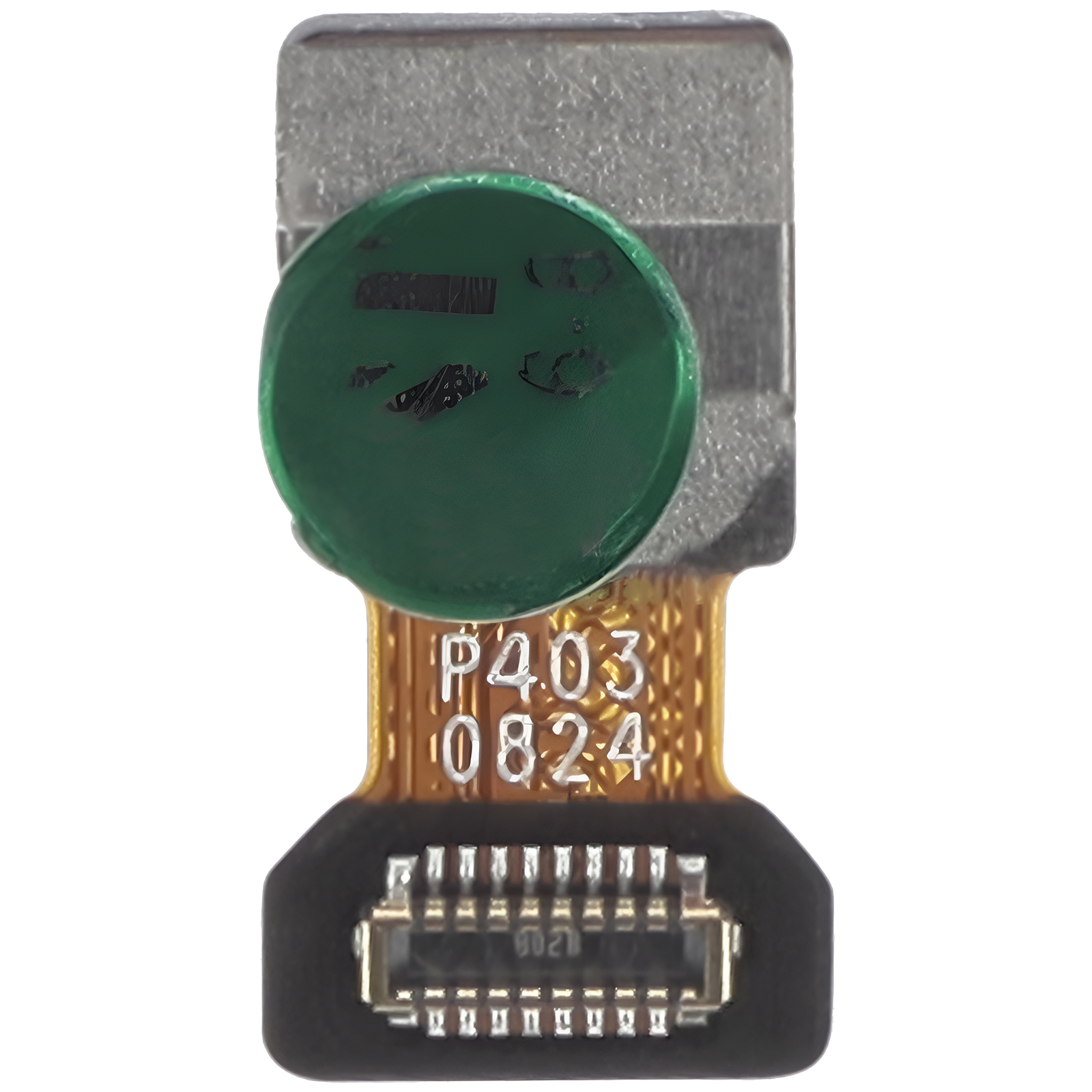 Nahaufnahme eines Kameramoduls. Es hat eine graue Oberseite, eine grüne kreisförmige Linse und ein goldbraunes Flexkabel mit Zahlen.