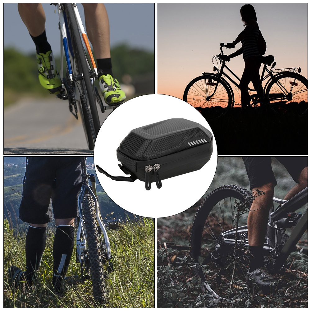 Zusammengesetztes Bild mit verschiedenen Fahrradszenen: Beine eines Radfahrers, Silhouette eines Bikers, ein Biker auf dem Trail und eine Aufbewahrungstasche.