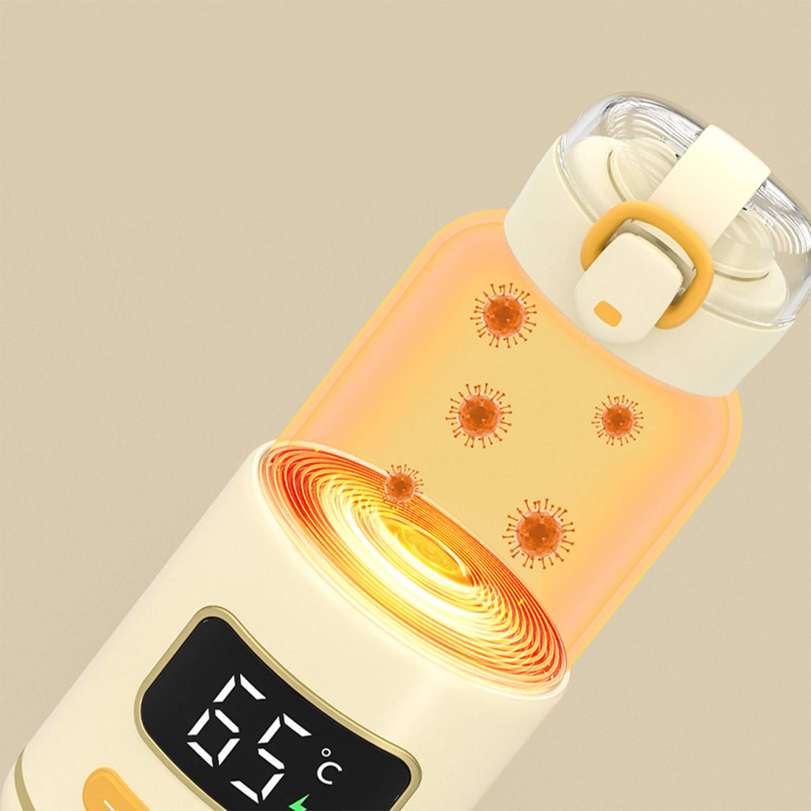 Cremefarbene Wasserflasche mit Digitalanzeige bei 65 Grad Celsius. Gelbe Akzente und orangefarbener Lichteffekt, mit Keimillustrationen.