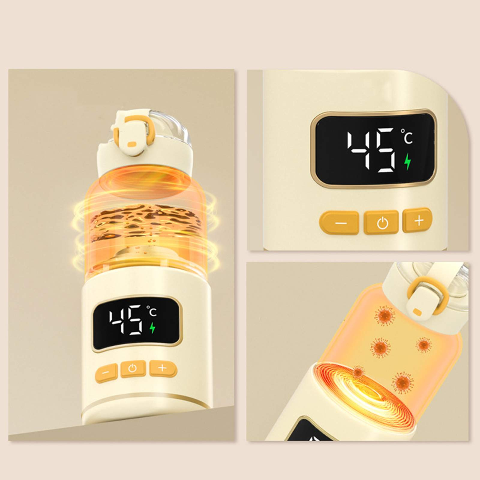 Eine elektrische Wasserflasche zeigt 45°C auf dem Display an. Sie hat einen Deckel und eine Heizfunktion.