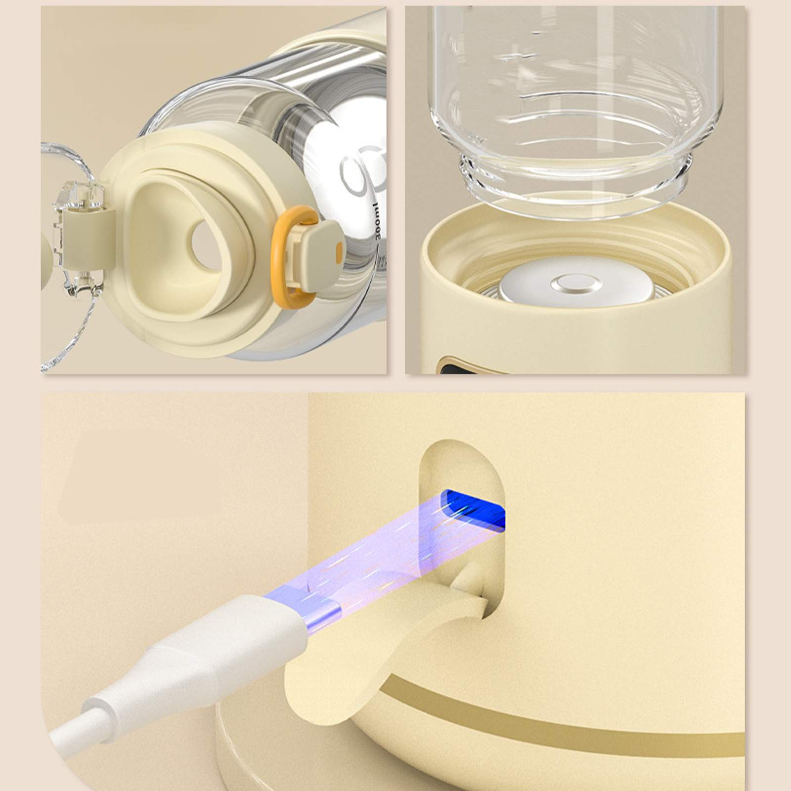 Eine Wasserflasche mit gelbem Deckel. UV-Licht wird zur Desinfektion des Ladeanschlusses verwendet.