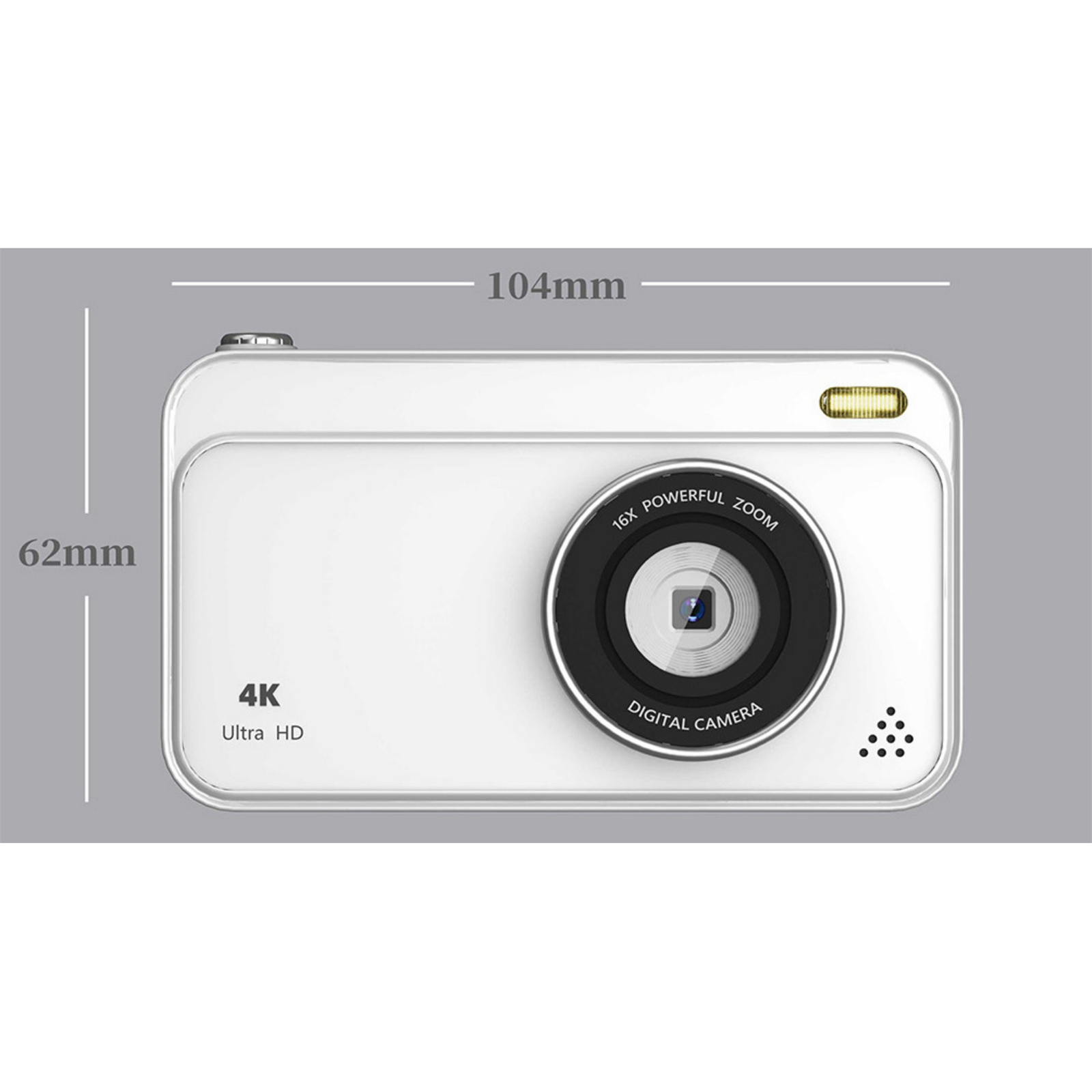 Eine weiße Digitalkamera mit großem Objektiv, beschriftet mit '16X POWERFUL ZOOM' und 'DIGITAL CAMERA'. Sie ist mit '4K Ultra HD' gekennzeichnet.