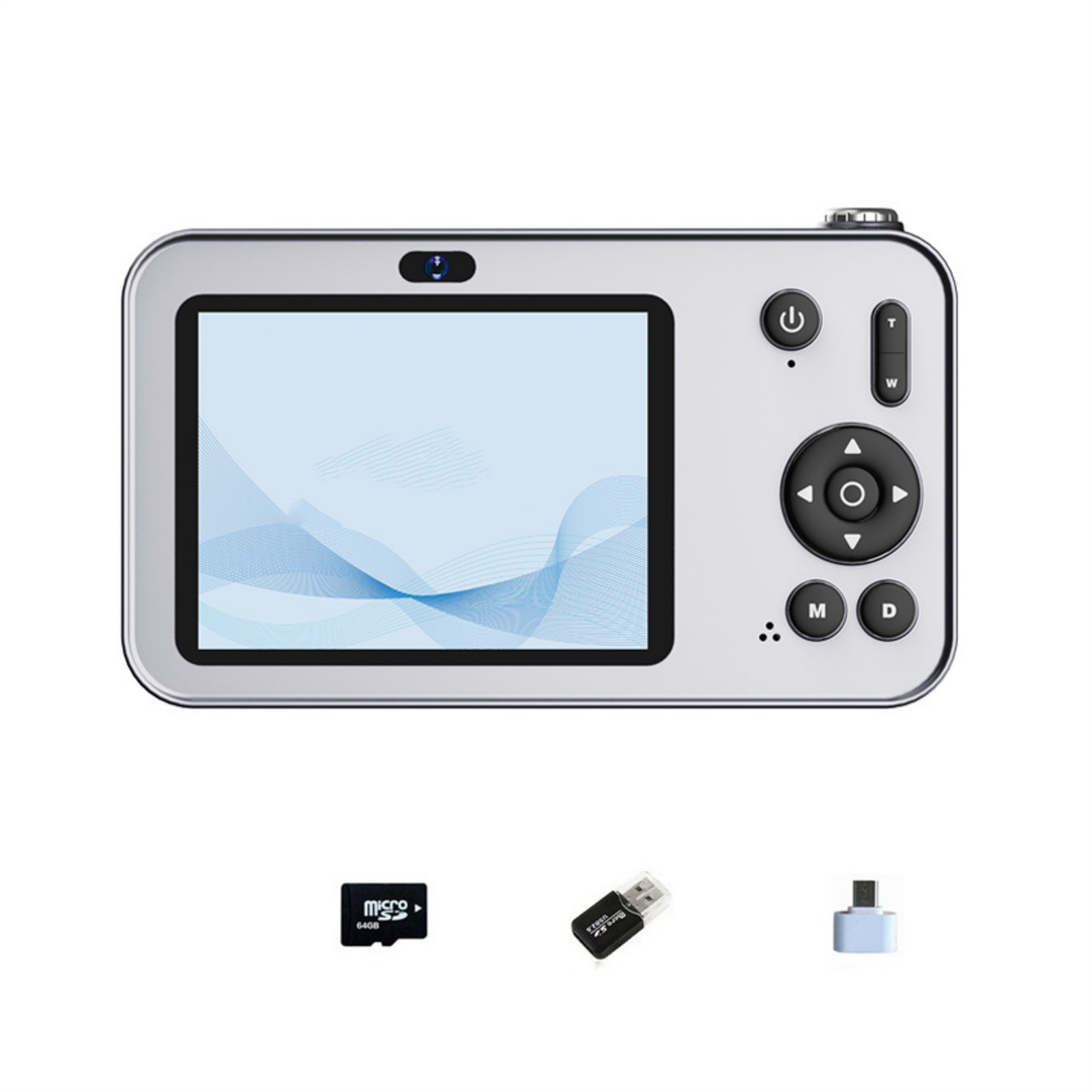 Silberne Digitalkamera mit Bildschirm, Steuertasten und mitgelieferter SD-Karte, USB-Adapter und Ladeadapter auf weißem Hintergrund.