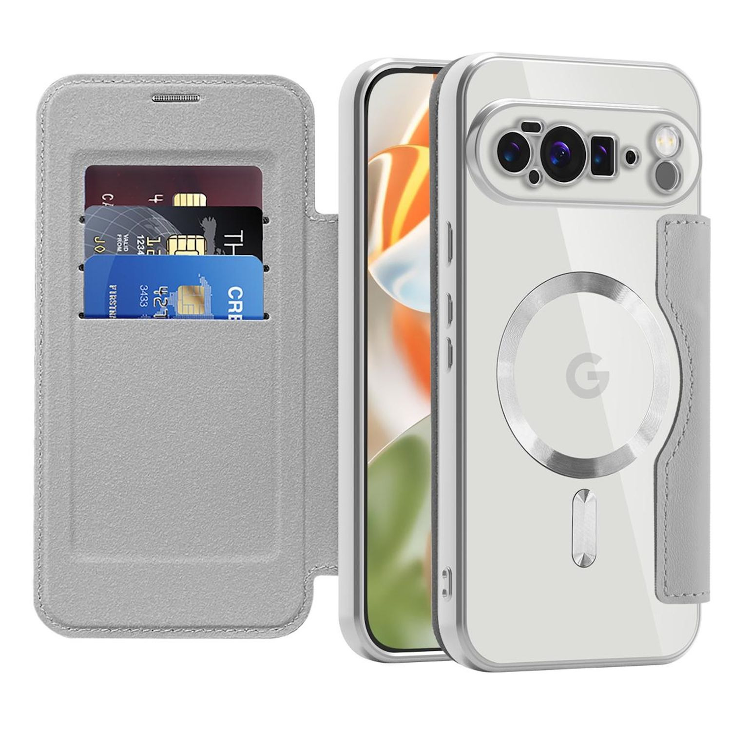 Ein Telefon in einer transparenten Hülle mit einer grauen Brieftasche. Kreditkarten sind in der Brieftasche sichtbar. Das Telefon hat mehrere Kameras.