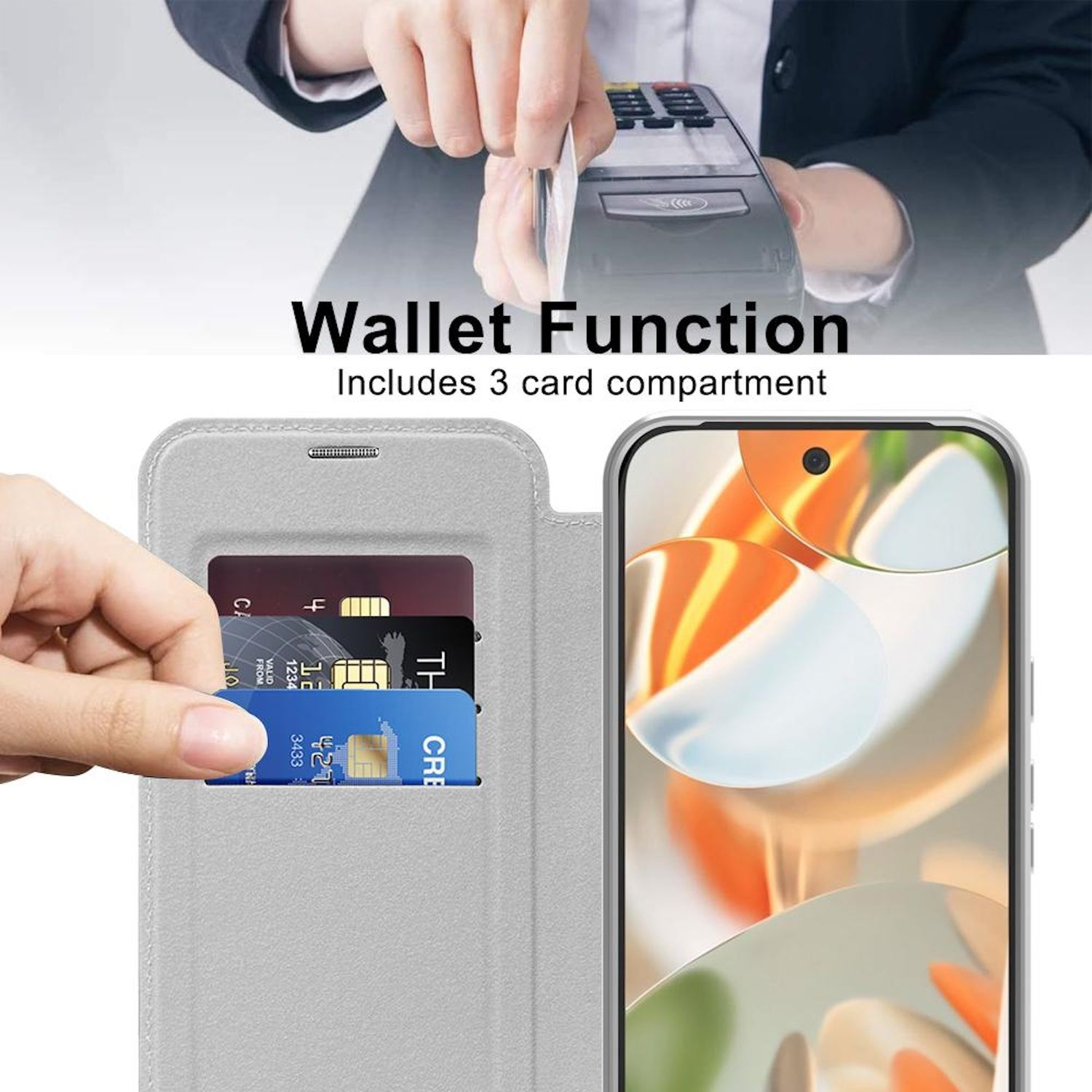 Das Bild zeigt eine Handyhülle mit Karten darin. Eine Person benutzt ein Kartenlesegerät. Text sagt: 'Wallet Function' und beinhaltet 3 Kartenfächer.
