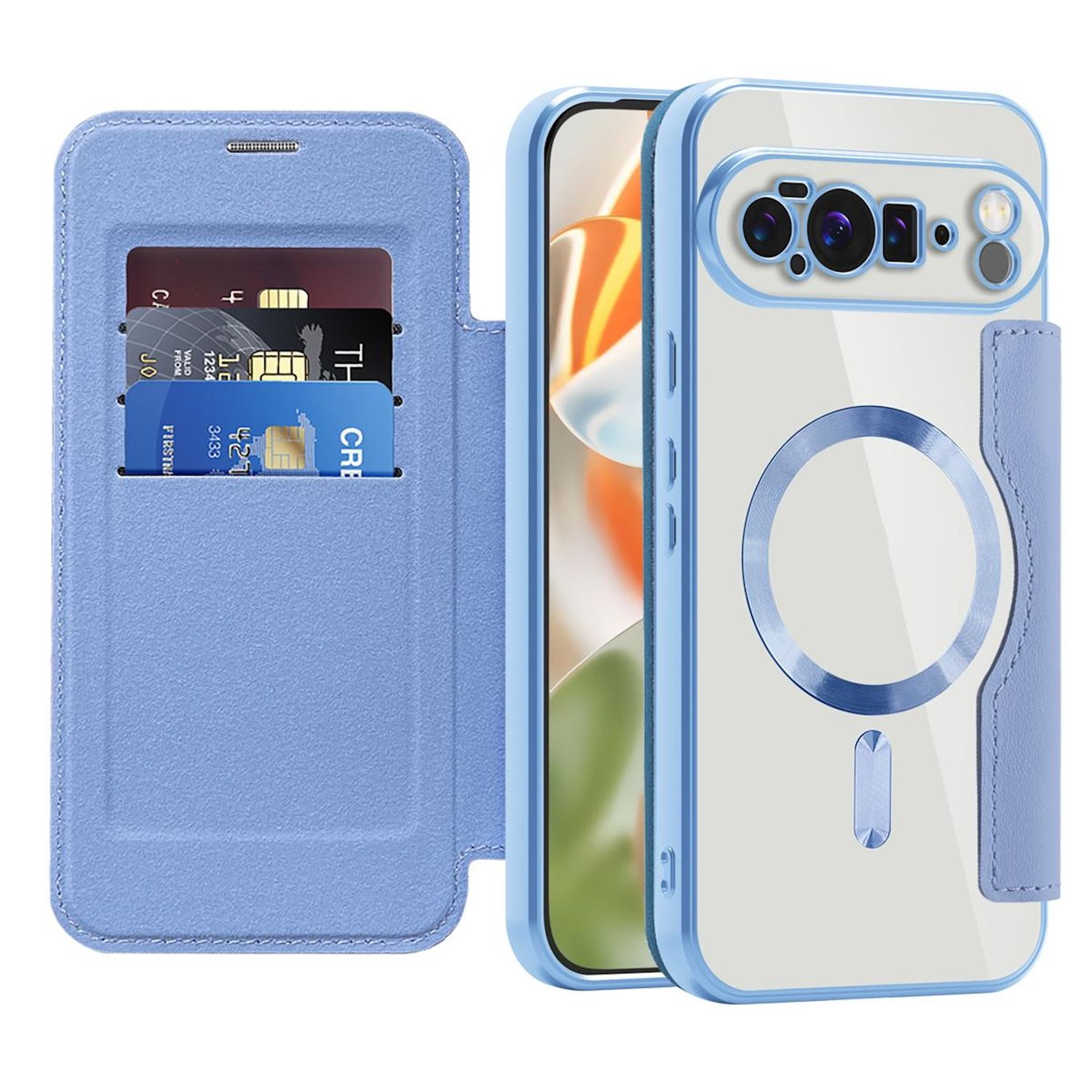 Eine blaue Handyhülle mit Geldbörse, die Kreditkarten hält. Das Telefon befindet sich in der Hülle, mit Kamera und Magnetkreis auf der Rückseite.