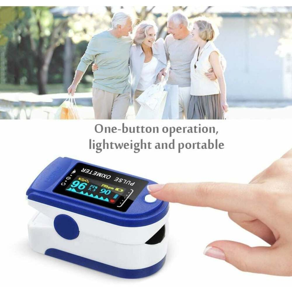Ein Pulsoximeter mit einem Finger darin und eine glückliche Gruppe von Menschen im Hintergrund, das Gerät zeigt 96 % und 90 an.
