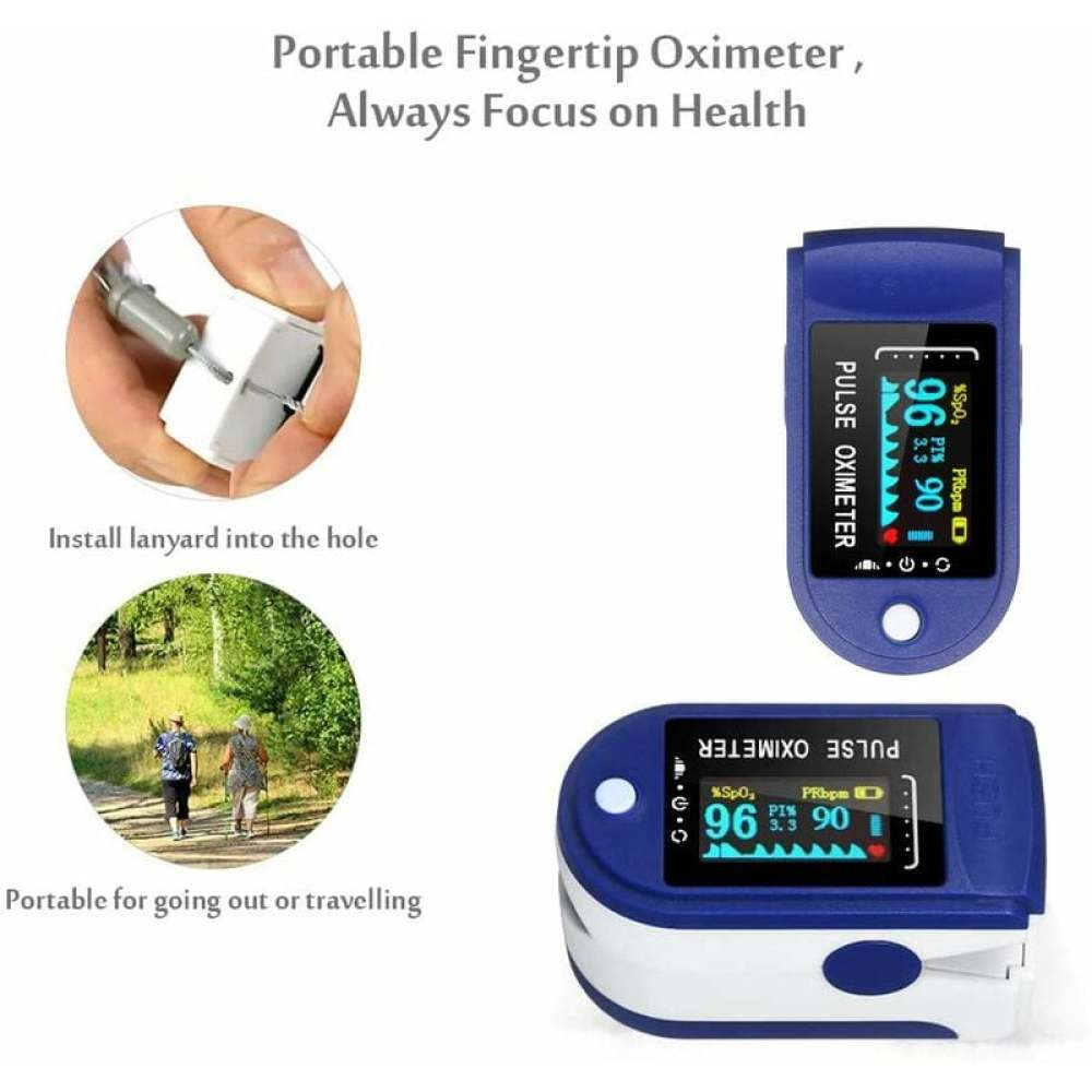 Das Bild zeigt ein Finger-Oximeter, eine Hand, die ein Lanyard installiert, und Menschen, die in der Natur spazieren gehen, mit Textüberlagerung.