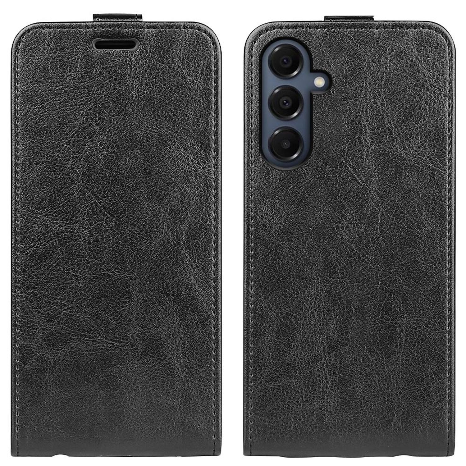 Funda de teléfono de cuero negro. El lado izquierdo está cerrado, el derecho tiene tres lentes de cámara. Ambos lados tienen costuras y un acabado texturizado.