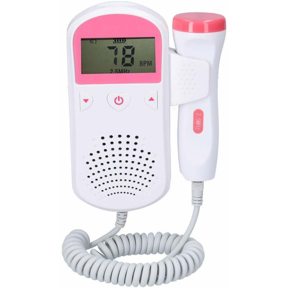 Ein weißes fetales Dopplergerät mit rosa Oberteil. Der Bildschirm zeigt die Herzfrequenz 78 BPM. Ein Spiralkabel verbindet sich mit einer Sonde.