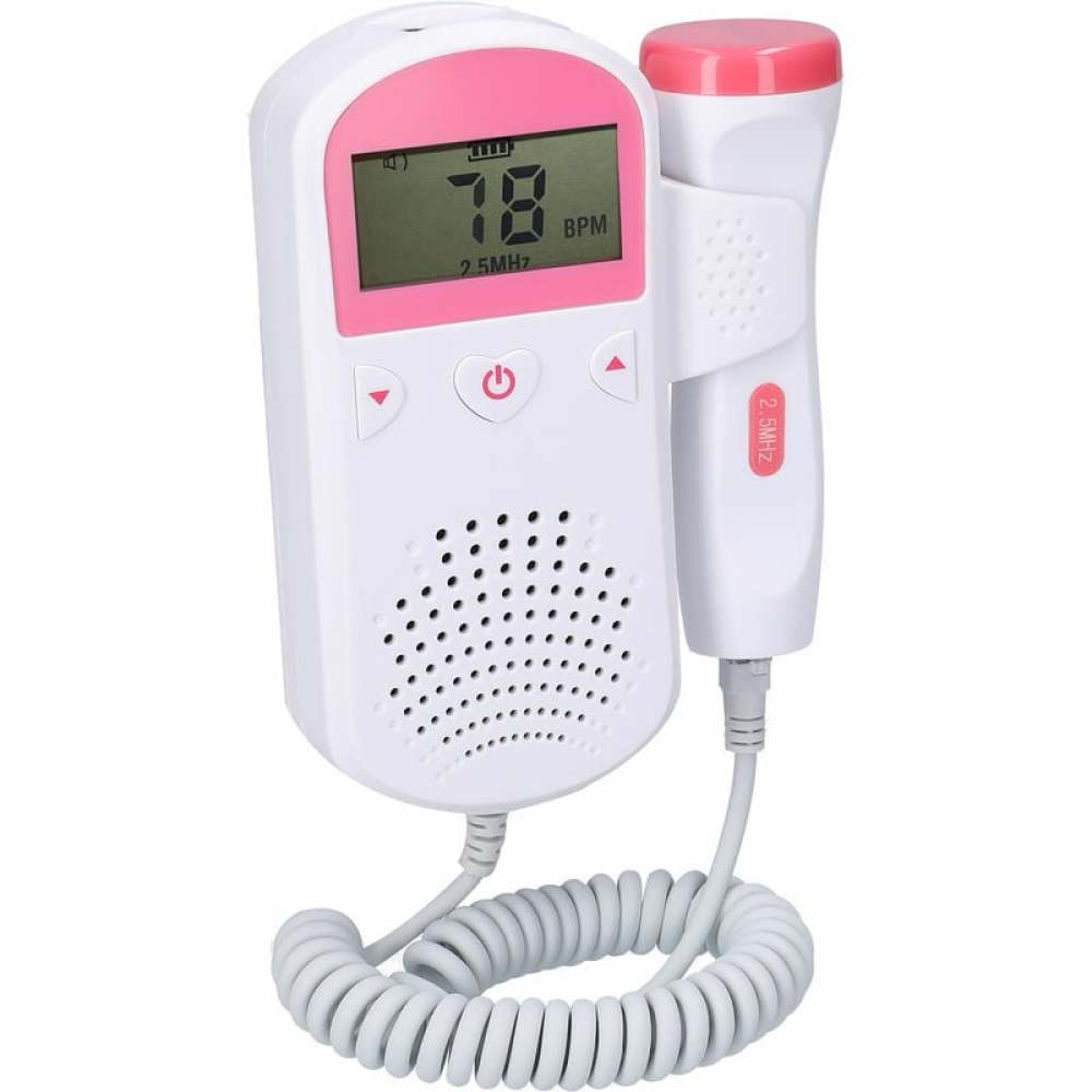 Ein weißer Fettdoppler mit rosa Akzenten. Er zeigt eine Herzfrequenz von 78 BPM an. Das Gerät hat eine Sonde und ein Spiralkabel.