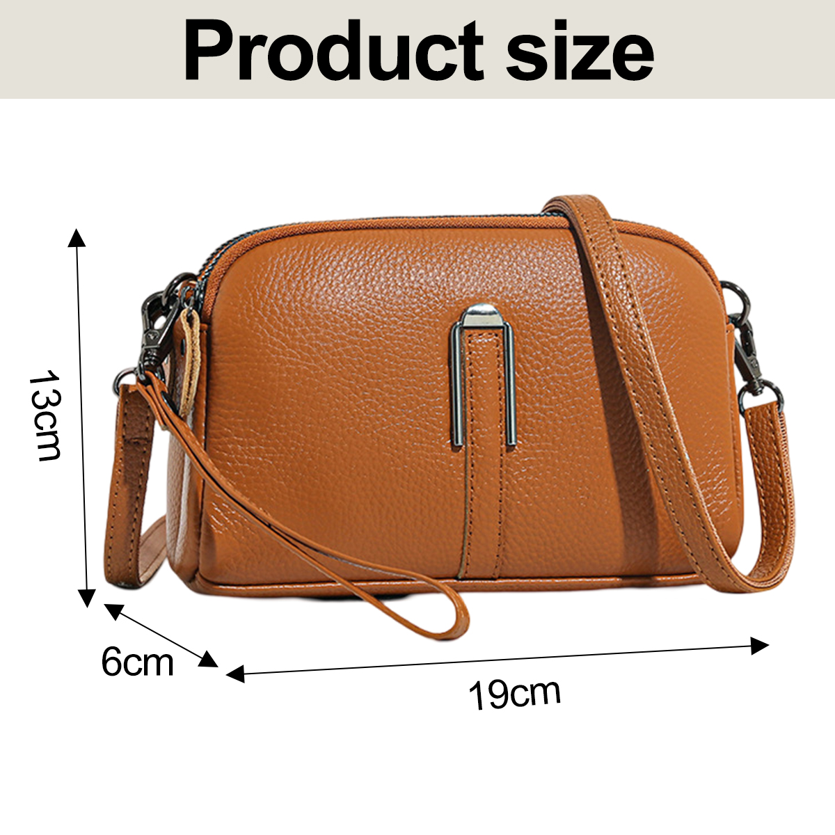 Eine braune Leder-Umhängetasche mit den Maßen: 19 cm lang, 13 cm hoch und 6 cm breit, mit der Bezeichnung Produktgröße.