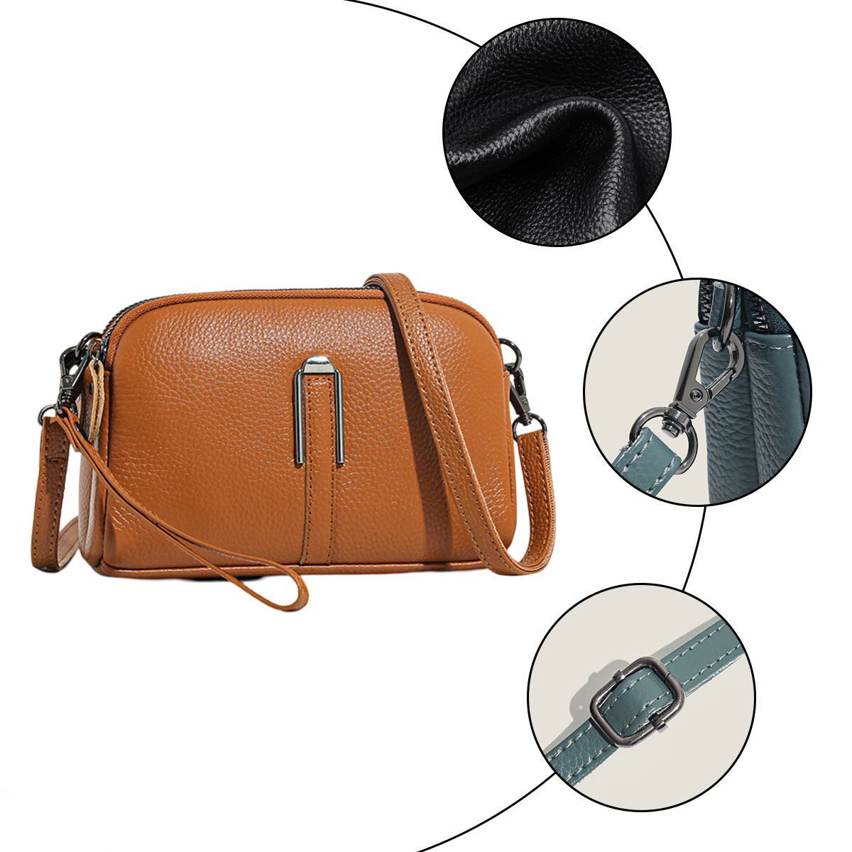 Eine braune Leder-Umhängetasche mit silberner Hardware. Detailaufnahmen zeigen strukturiertes Leder, Riemen und Verschluss.