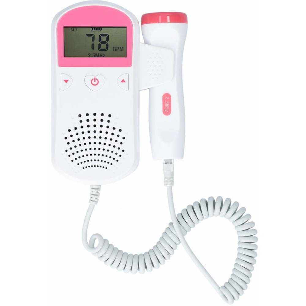 Ein weiß-rosa fetaler Doppler mit einem Display, das 78 BPM anzeigt. Es hat eine Sonde, Knöpfe und einen Lautsprecher. Ein Spiralkabel verbindet Teile.