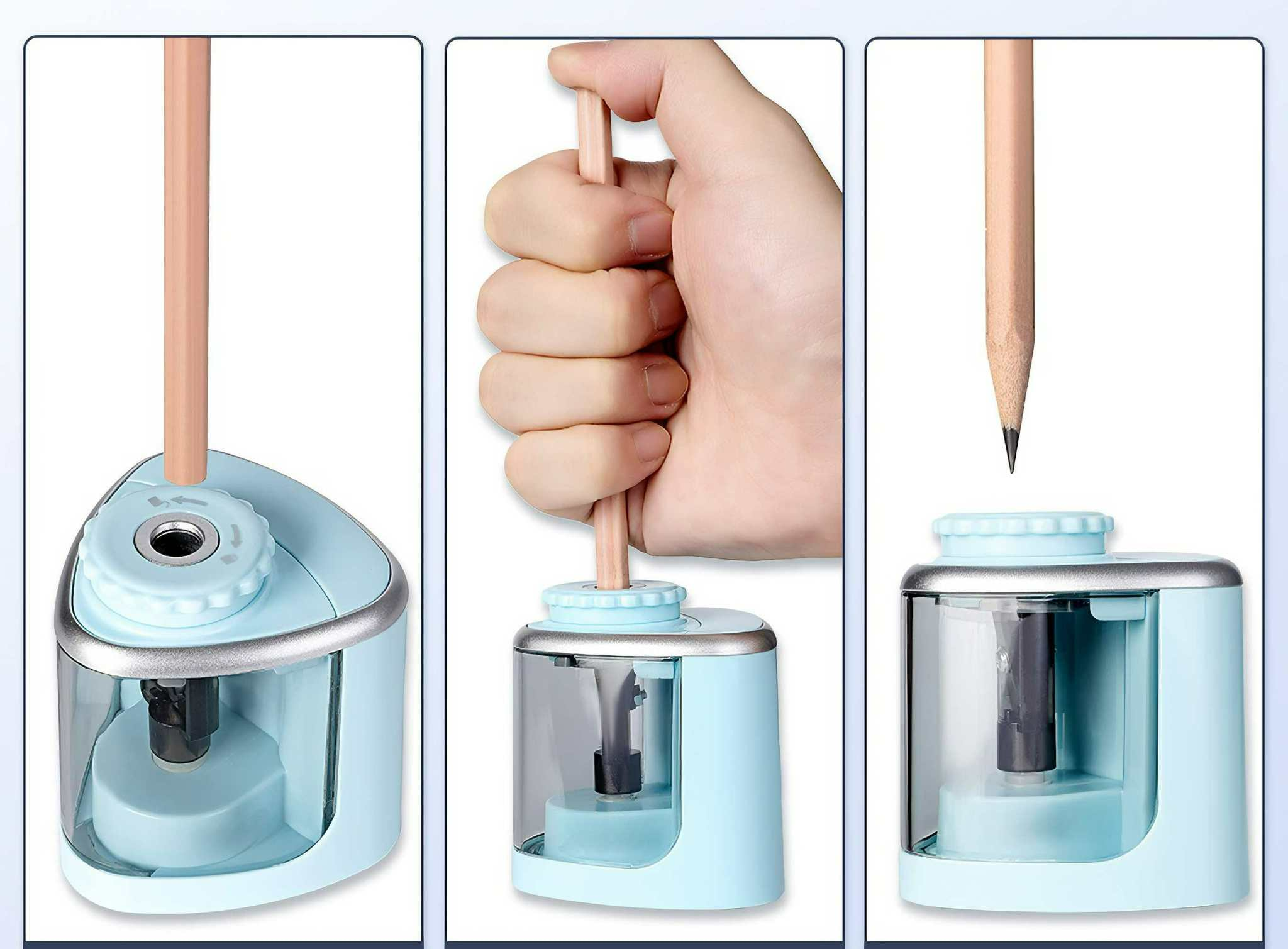 Drei Bilder zeigen, wie ein Bleistift gespitzt wird. Eine Hand hält einen Bleistift im Anspitzer. Der Bleistift ist hellbraun, der Anspitzer hellblau.
